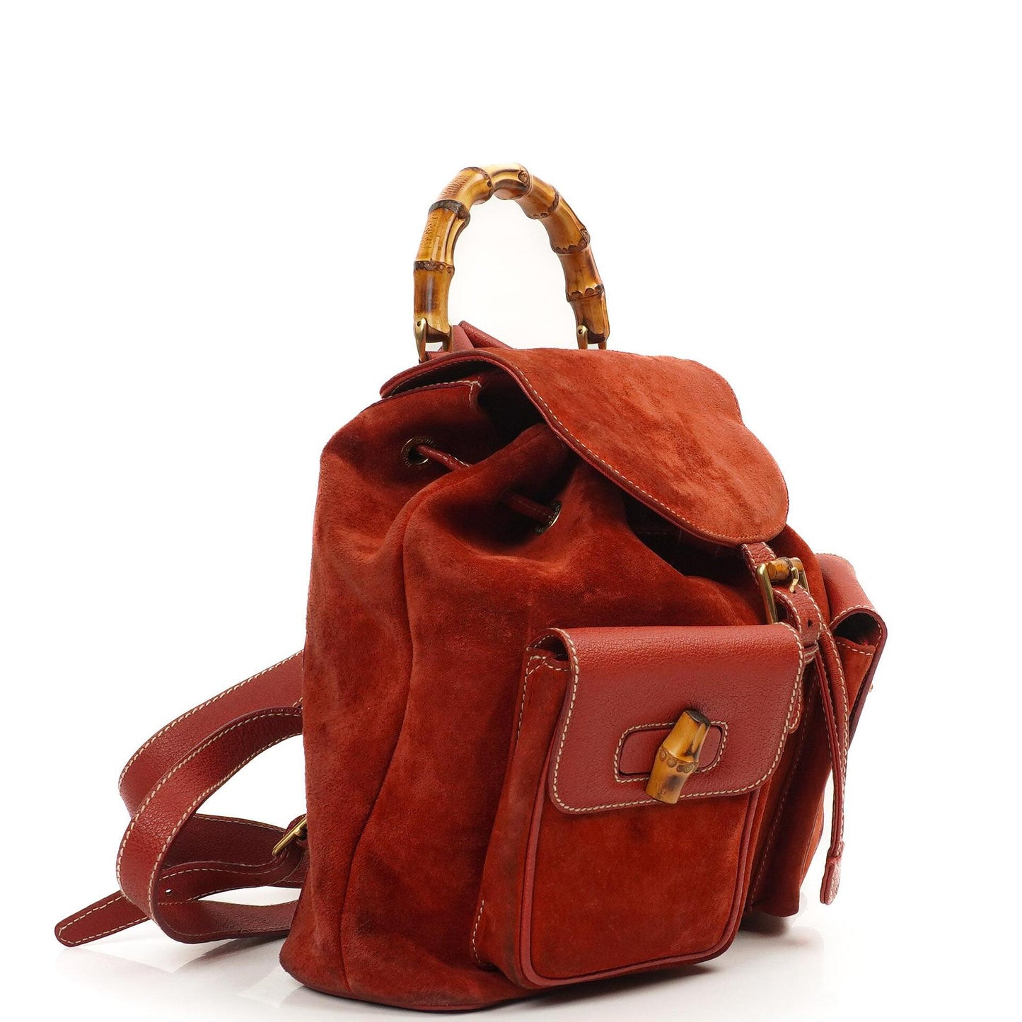 Gucci Bamboo Red Suede And Leather Backpack