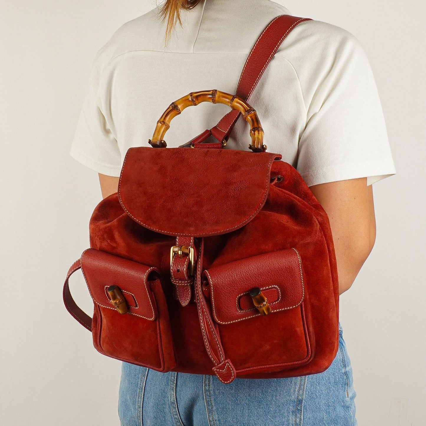 Gucci Bamboo Red Suede And Leather Backpack