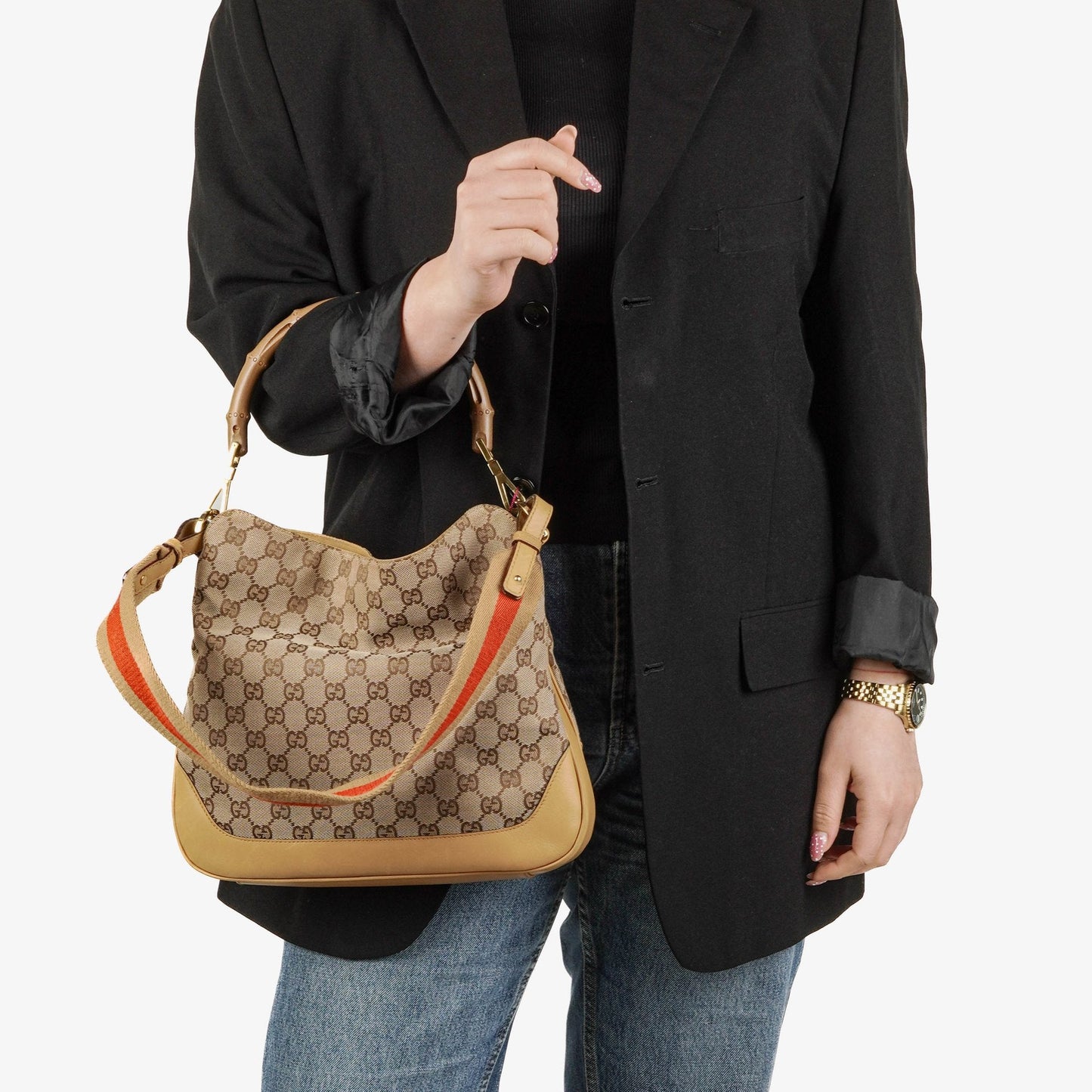 Gucci Bamboo Top Handle GG Canvas and Leather Hobo Bag