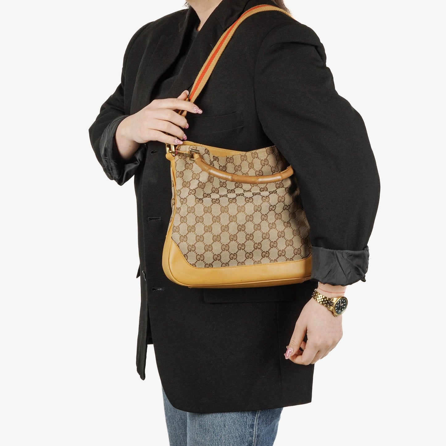 Gucci Bamboo Top Handle GG Canvas and Leather Hobo Bag