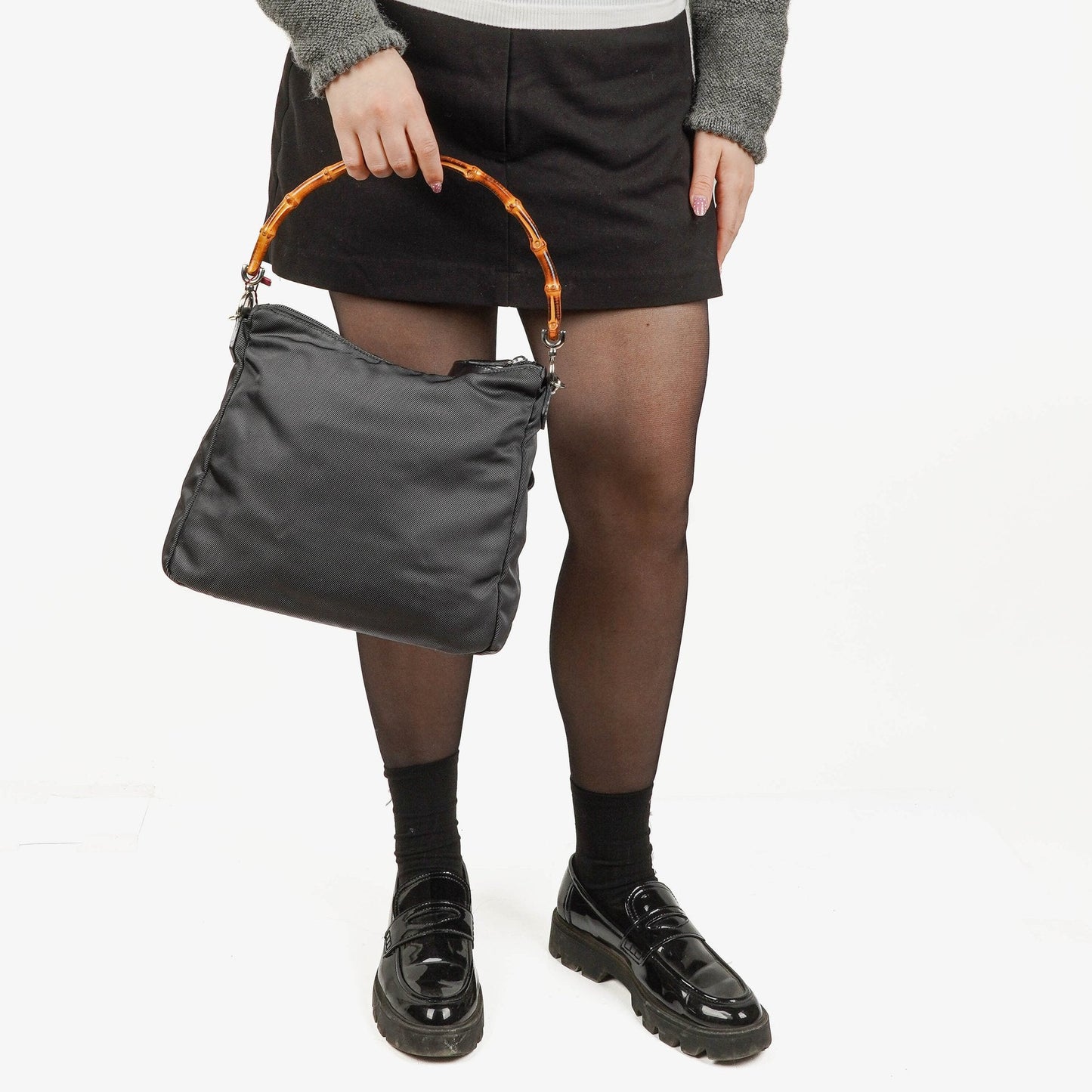Gucci Bamboo Top Handle Grey Canvas Hobo Bag