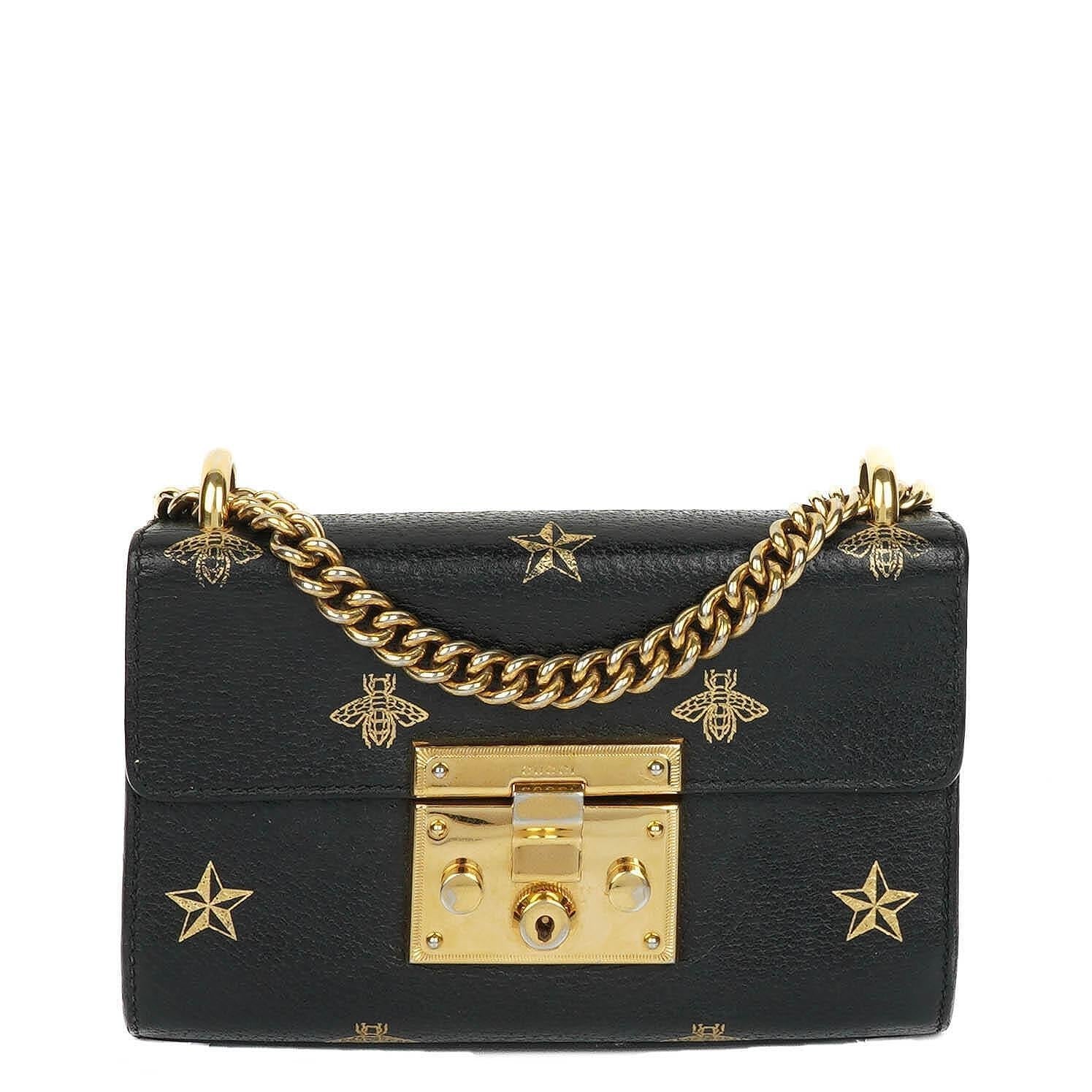 Gucci Bee Star Small Black Grained Calfskin Padlock Shoulder Bag