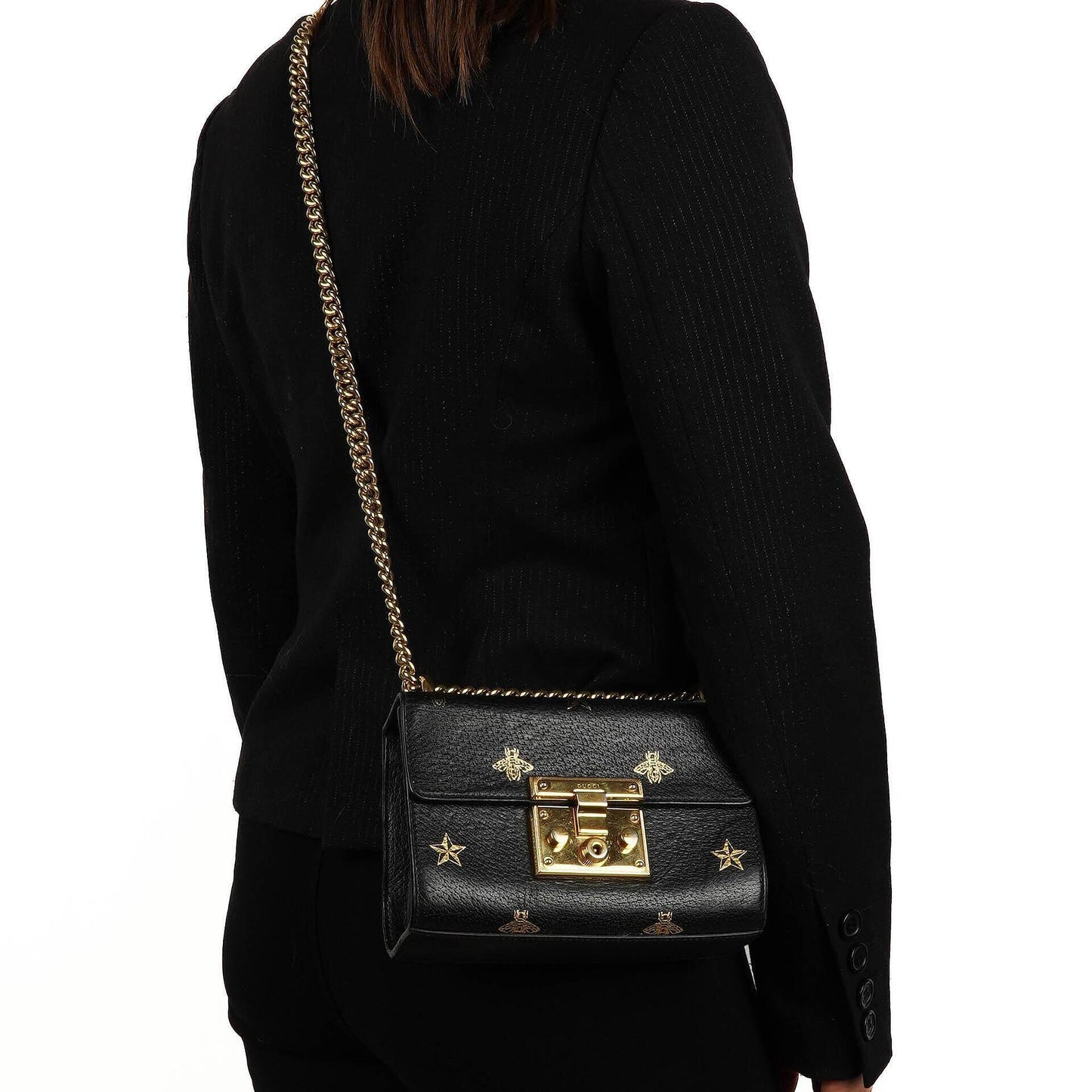 Gucci Bee Star Small Black Grained Calfskin Padlock Shoulder Bag