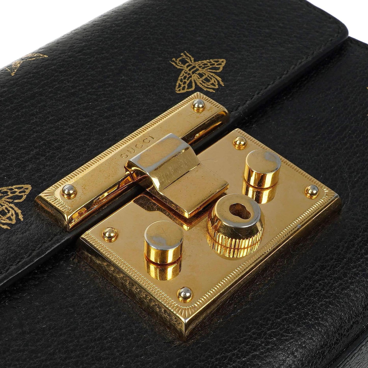 Gucci Bee Star Small Black Grained Calfskin Padlock Shoulder Bag