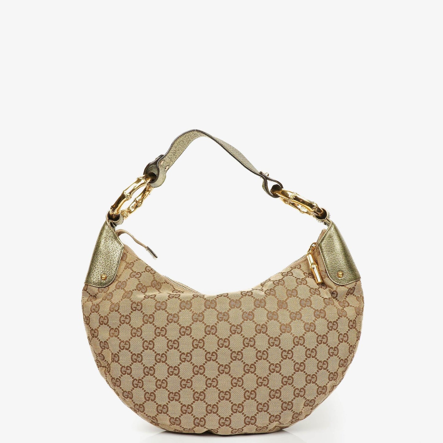 Gucci Beige/Ebony GG Canvas Green Metallic Bamboo Ring Hobo Bag