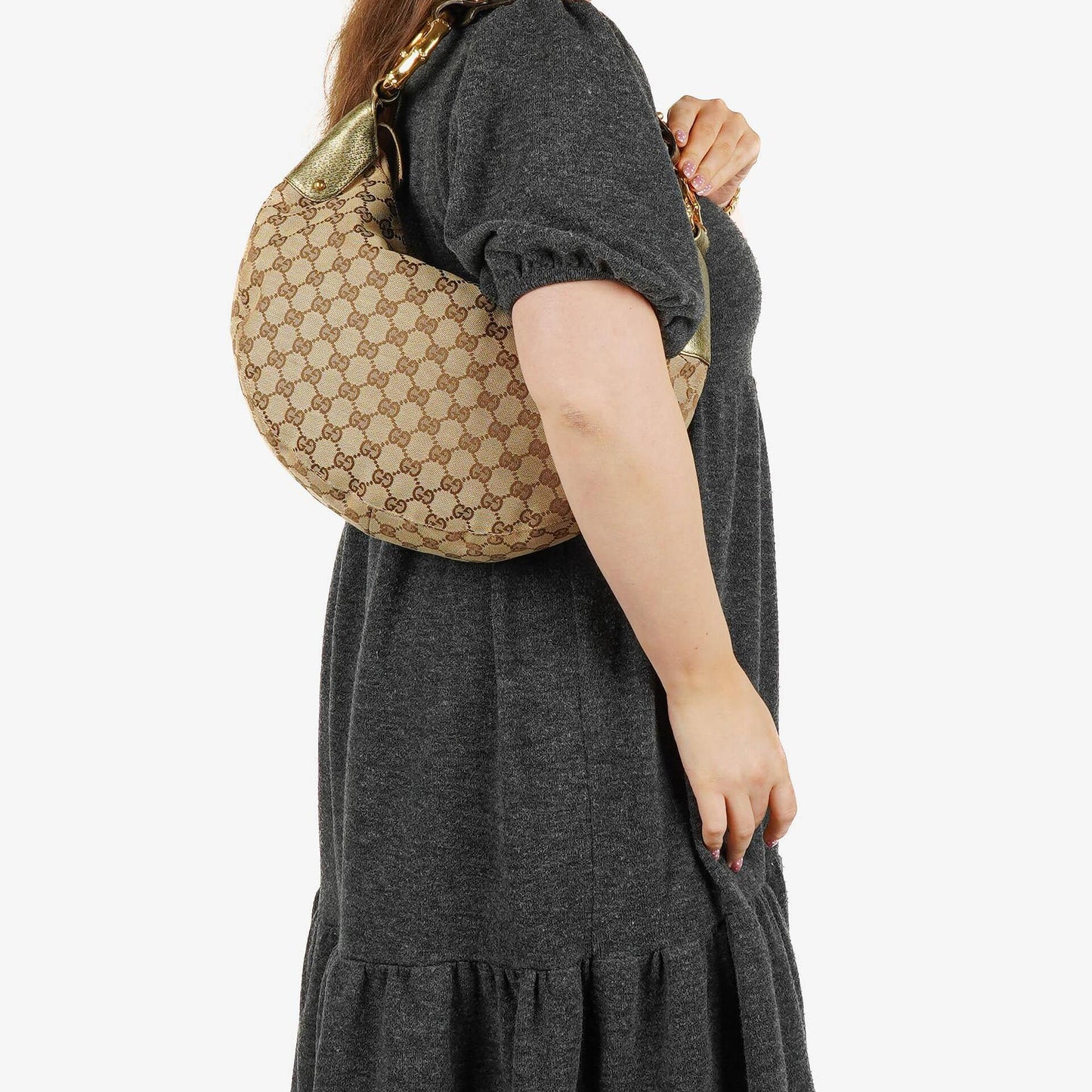 Gucci Beige/Ebony GG Canvas Green Metallic Bamboo Ring Hobo Bag