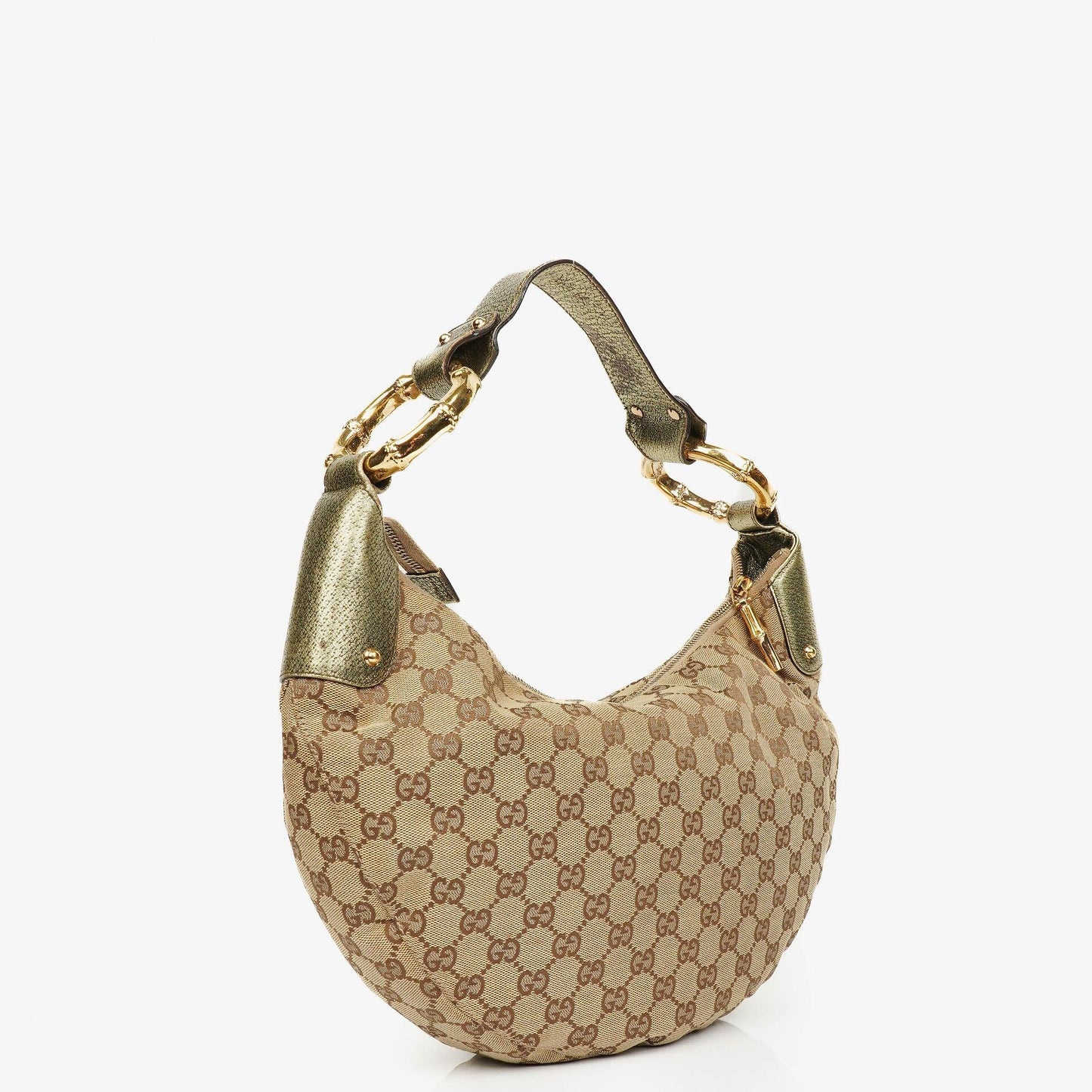 Gucci Beige/Ebony GG Canvas Green Metallic Bamboo Ring Hobo Bag