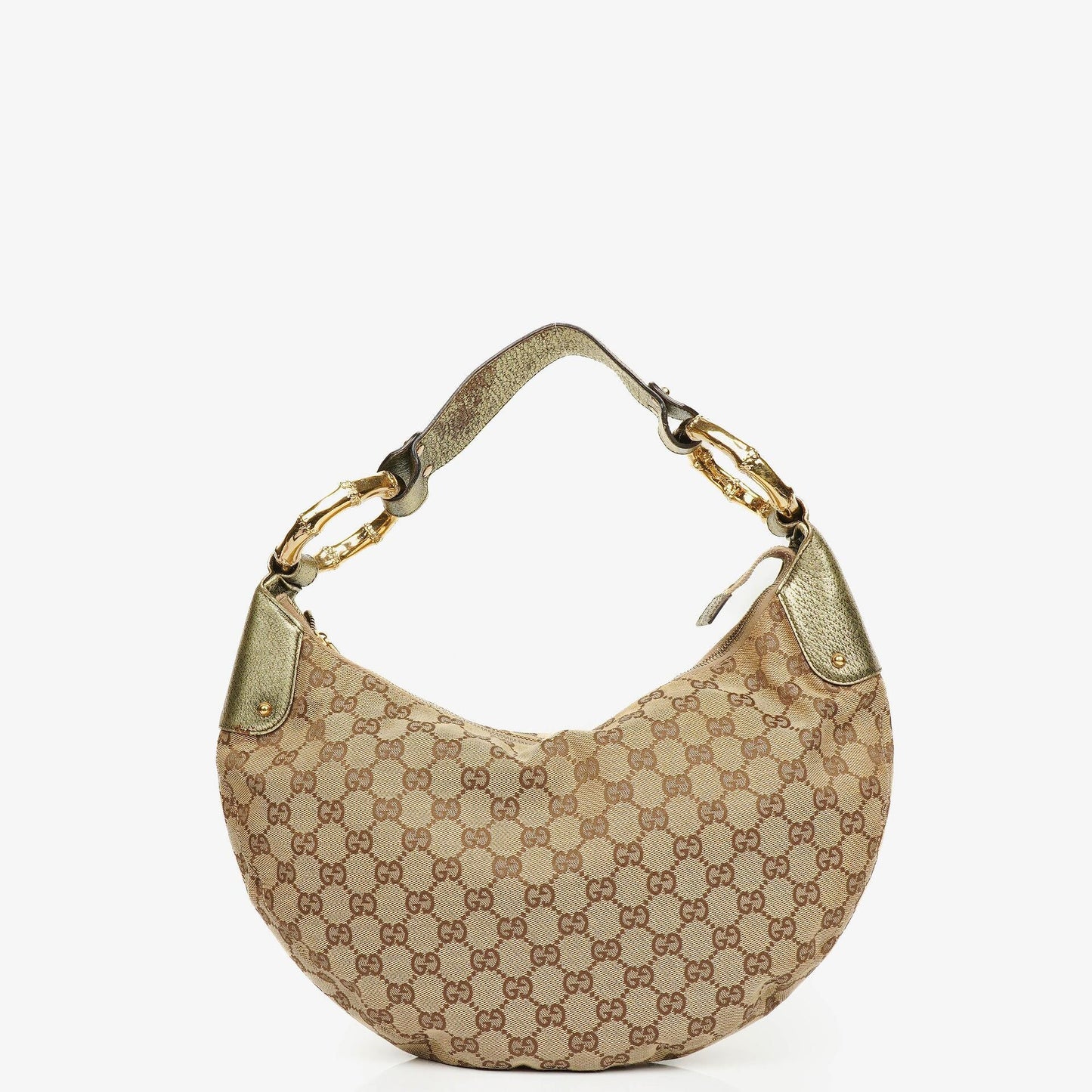 Gucci Beige/Ebony GG Canvas Green Metallic Bamboo Ring Hobo Bag
