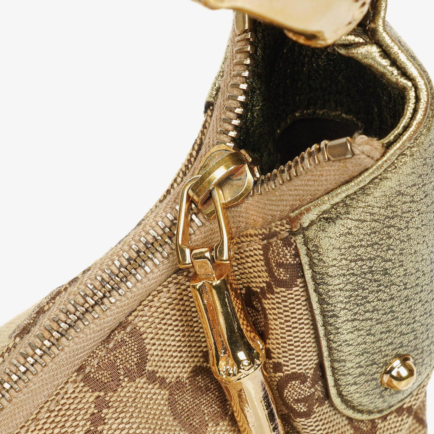 Gucci Beige/Ebony GG Canvas Green Metallic Bamboo Ring Hobo Bag