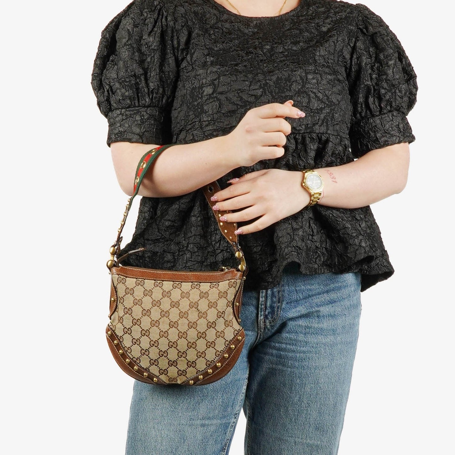 Gucci Beige/Ebony GG Canvas Studded Pelham Small Shoulder Bag