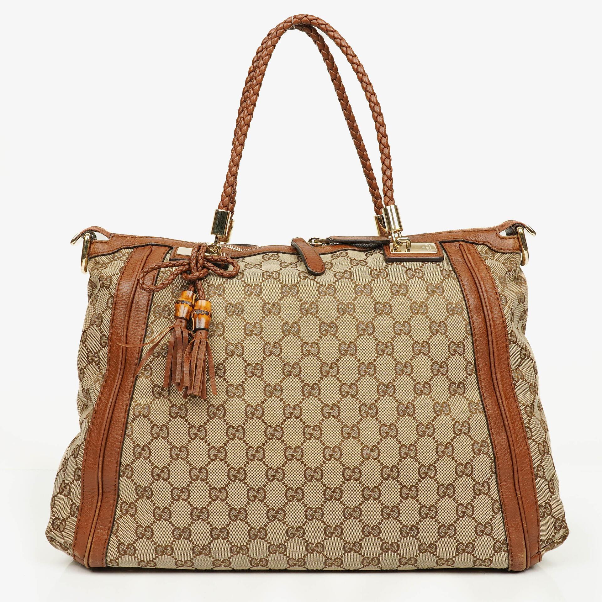 Gucci Bella Monogram Canvas Braided Handles Satchel Tote Bag