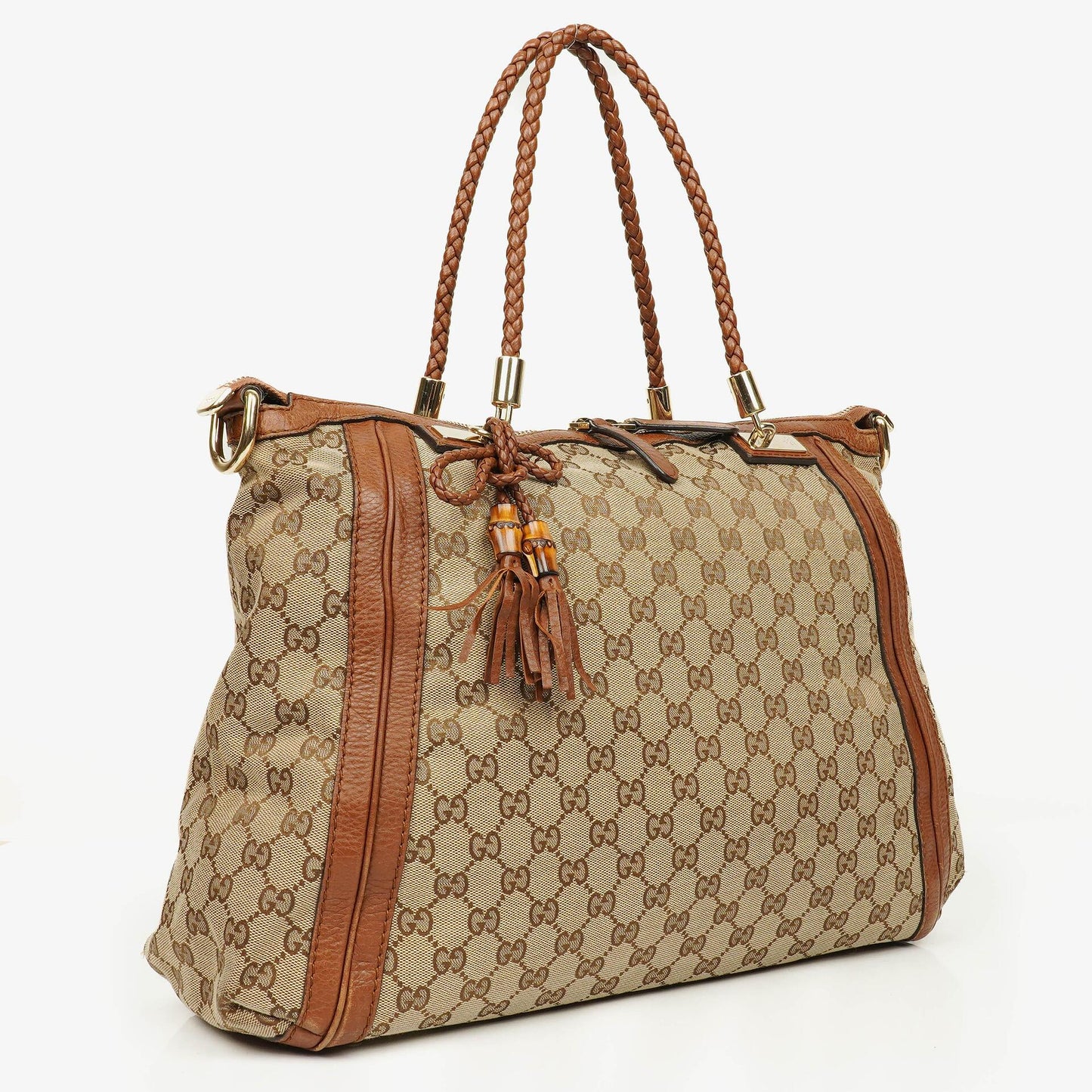 Gucci Bella Monogram Canvas Braided Handles Satchel Tote Bag