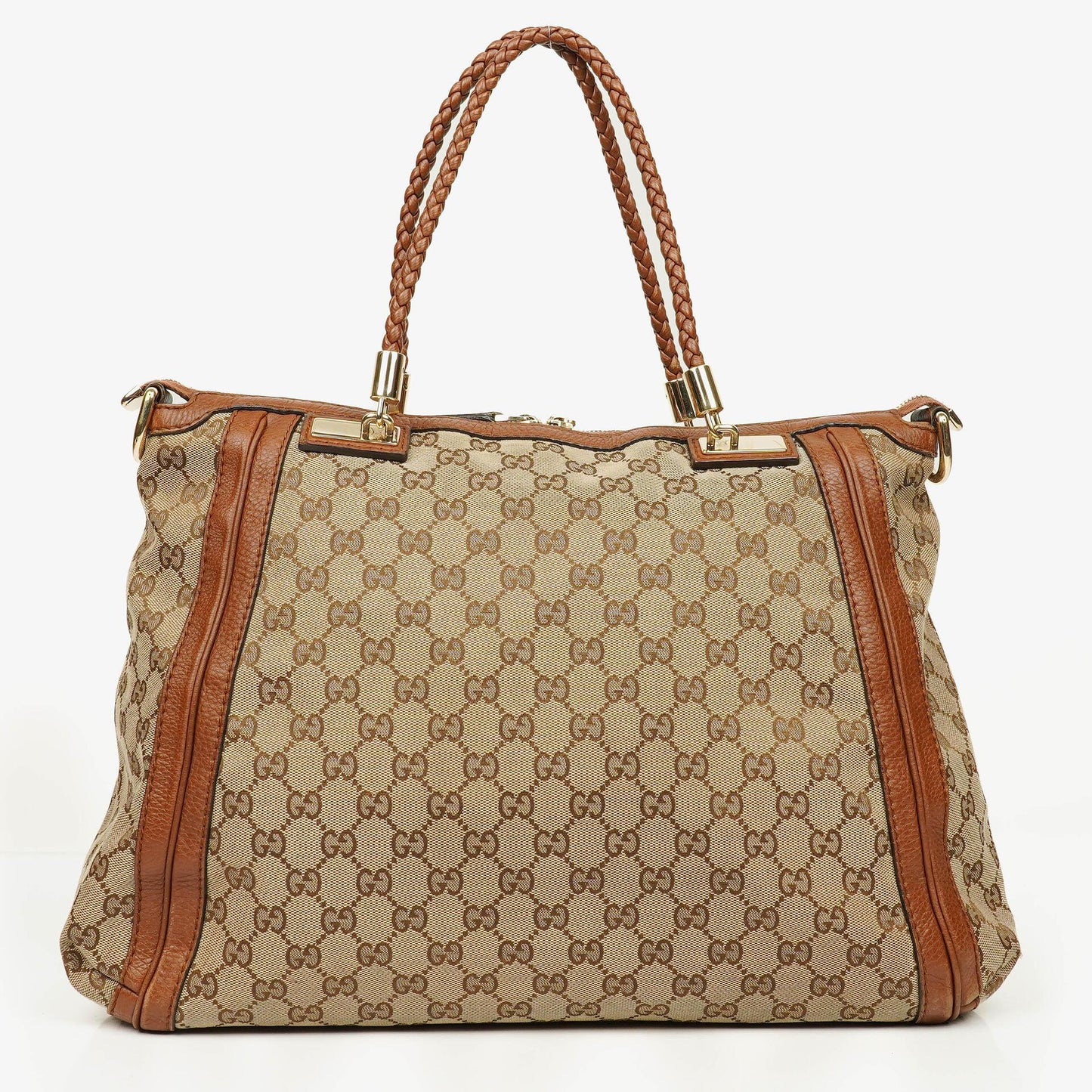 Gucci Bella Monogram Canvas Braided Handles Satchel Tote Bag