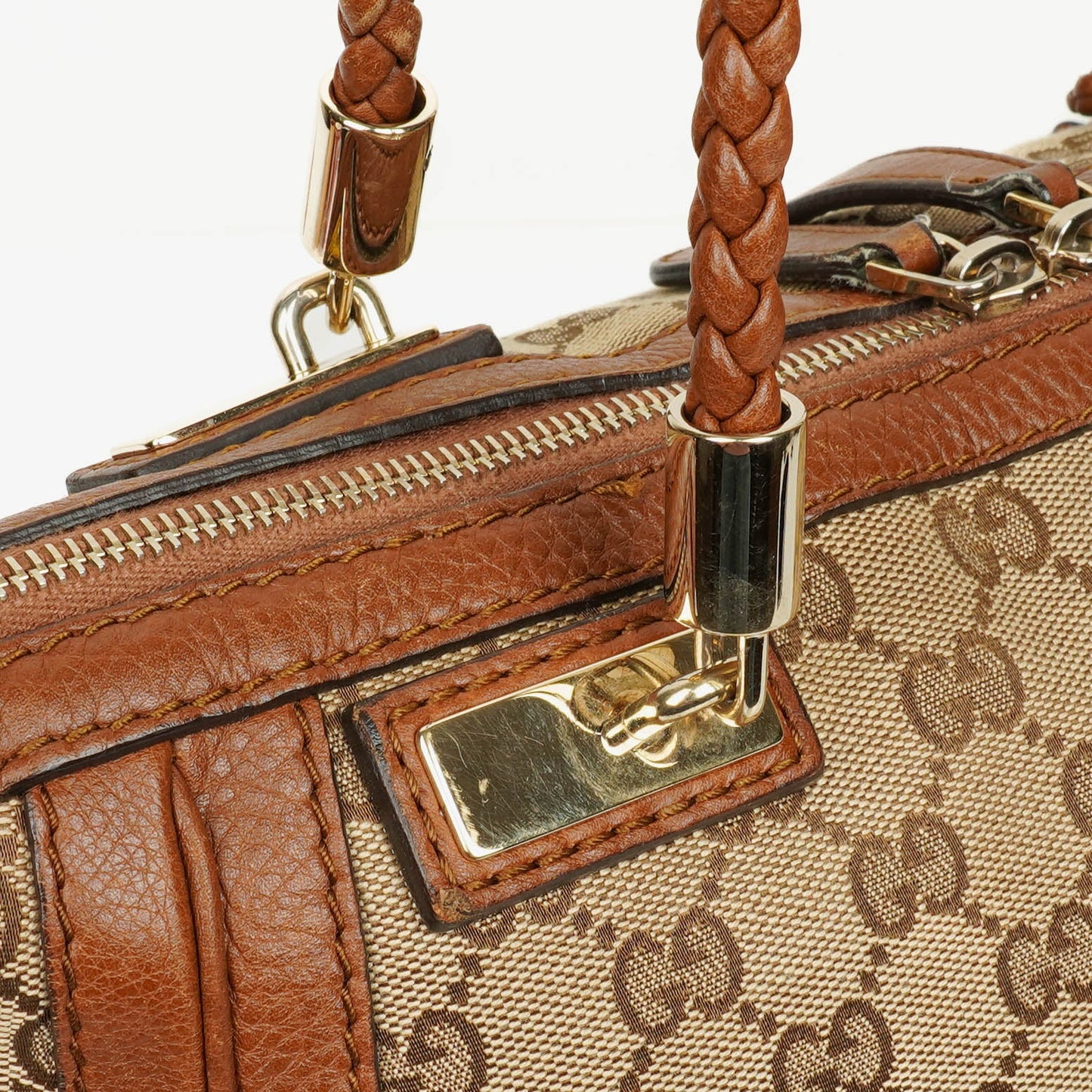 Gucci Bella Monogram Canvas Braided Handles Satchel Tote Bag