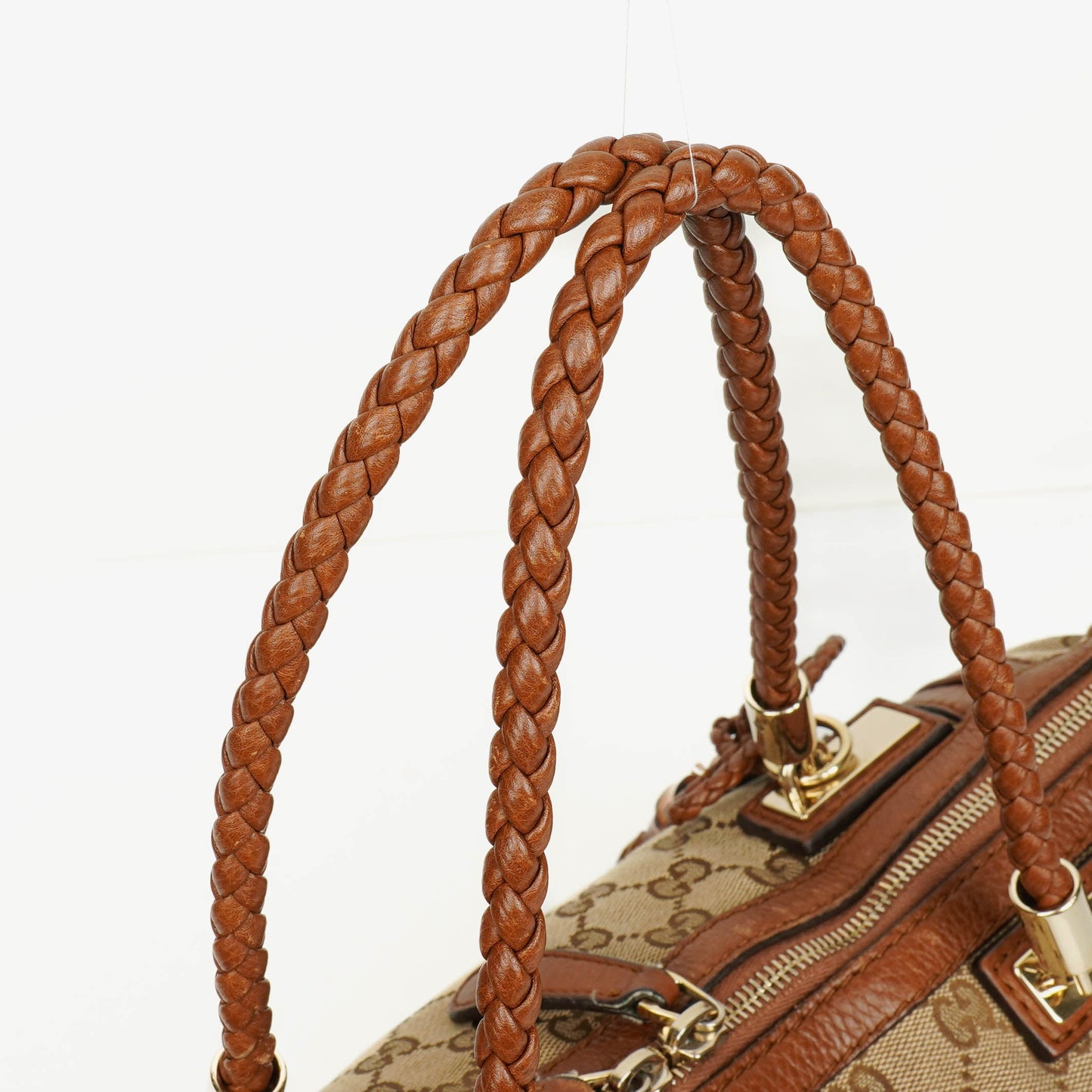 Gucci Bella Monogram Canvas Braided Handles Satchel Tote Bag