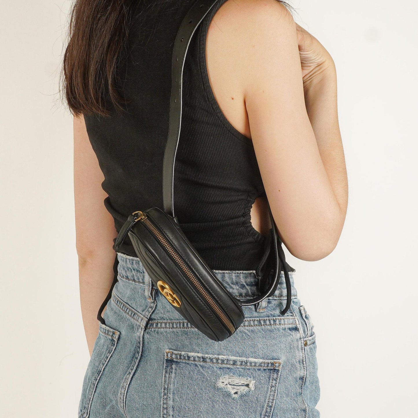 Gucci Black Leather GG Marmont Belt Bag
