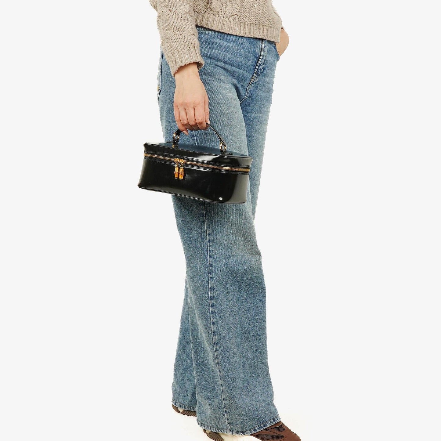 Gucci Black Patent Leather Bamboo Vanity Bag