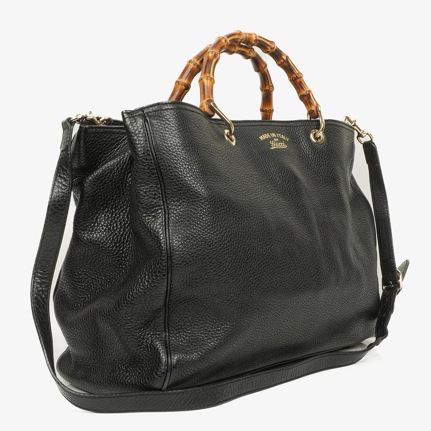 Gucci Black Pebbled Leather Bamboo Shopper Top Handle Large Tote Bag