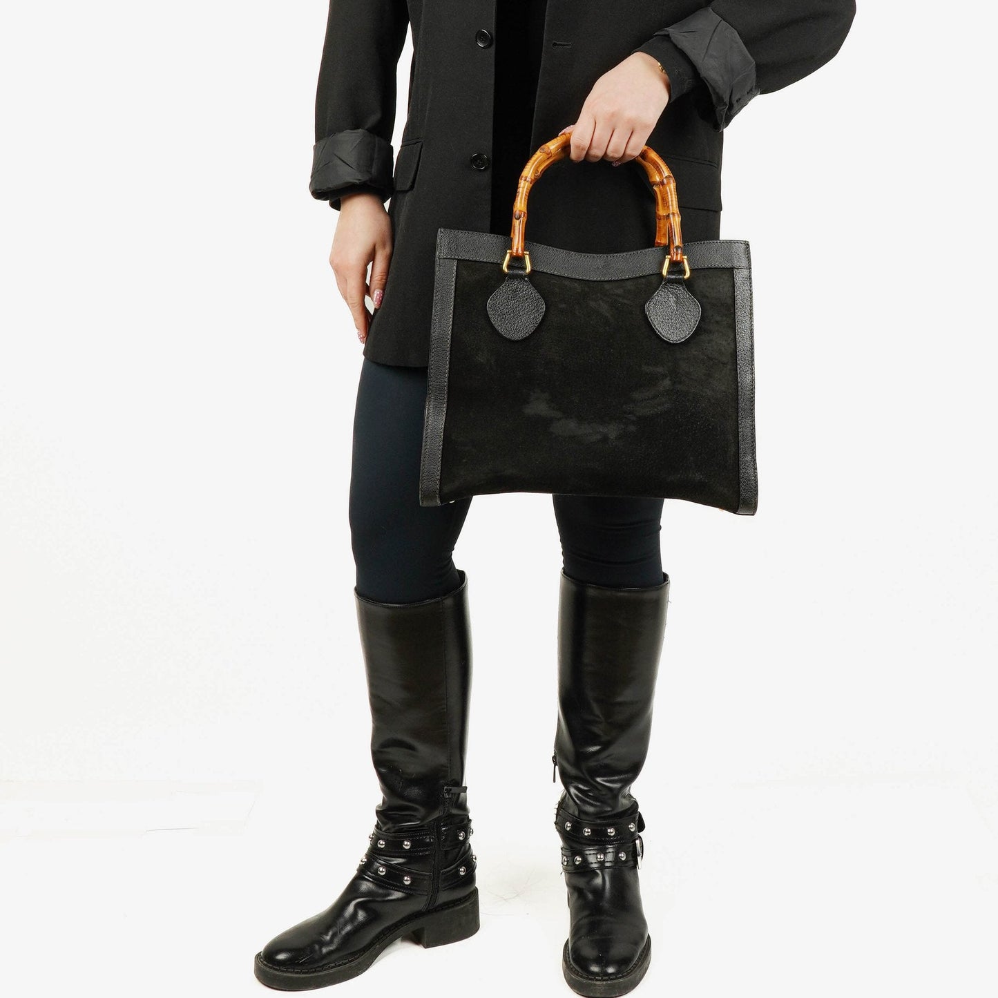 Gucci Black Vintage Suede And Leather Diana Bamboo Tote