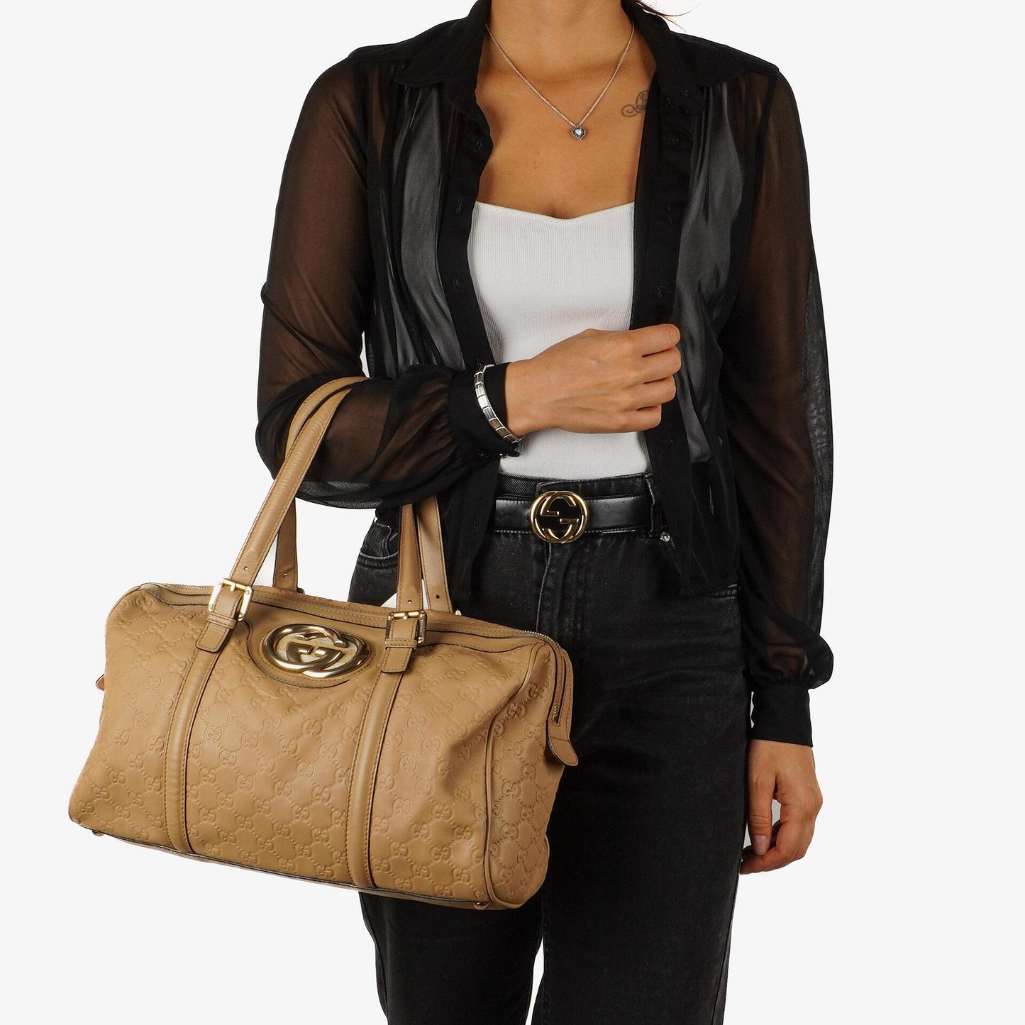 Gucci Britt Beige Guccissima Leather Boston Bag