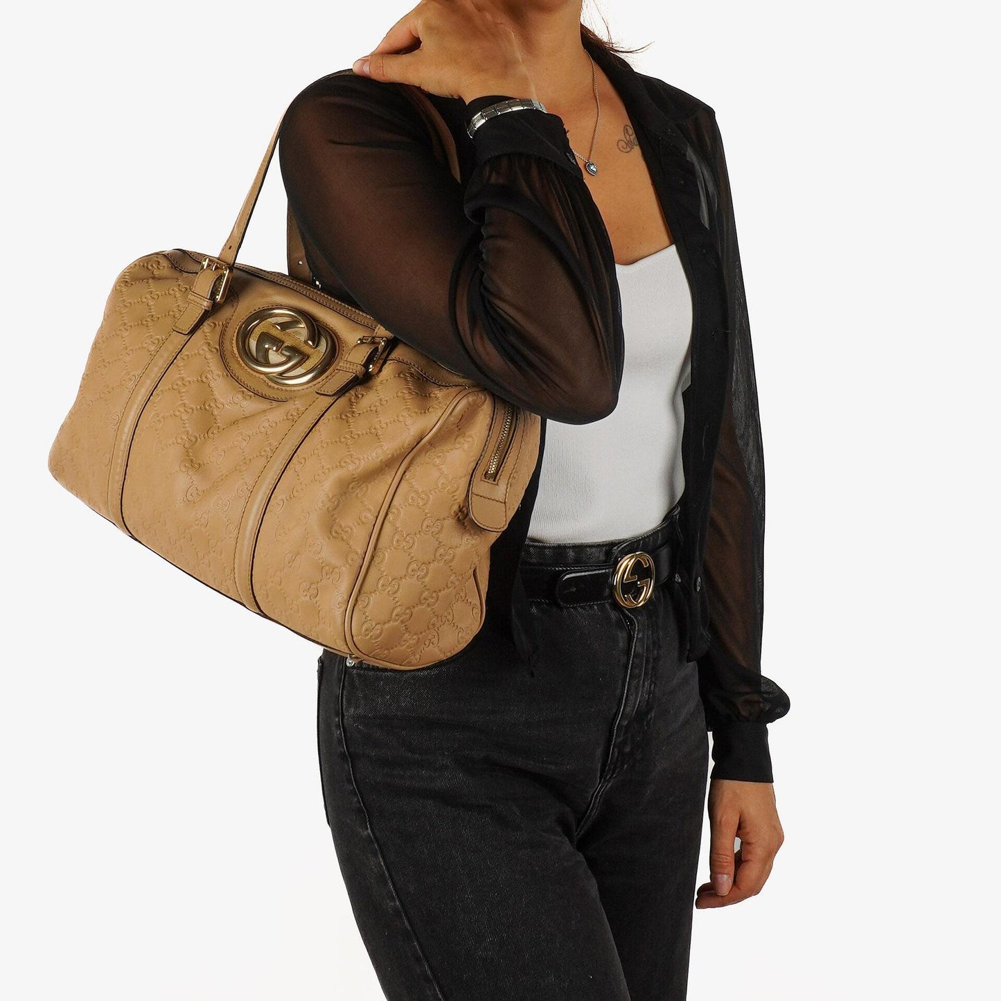 Gucci Britt Beige Guccissima Leather Boston Bag