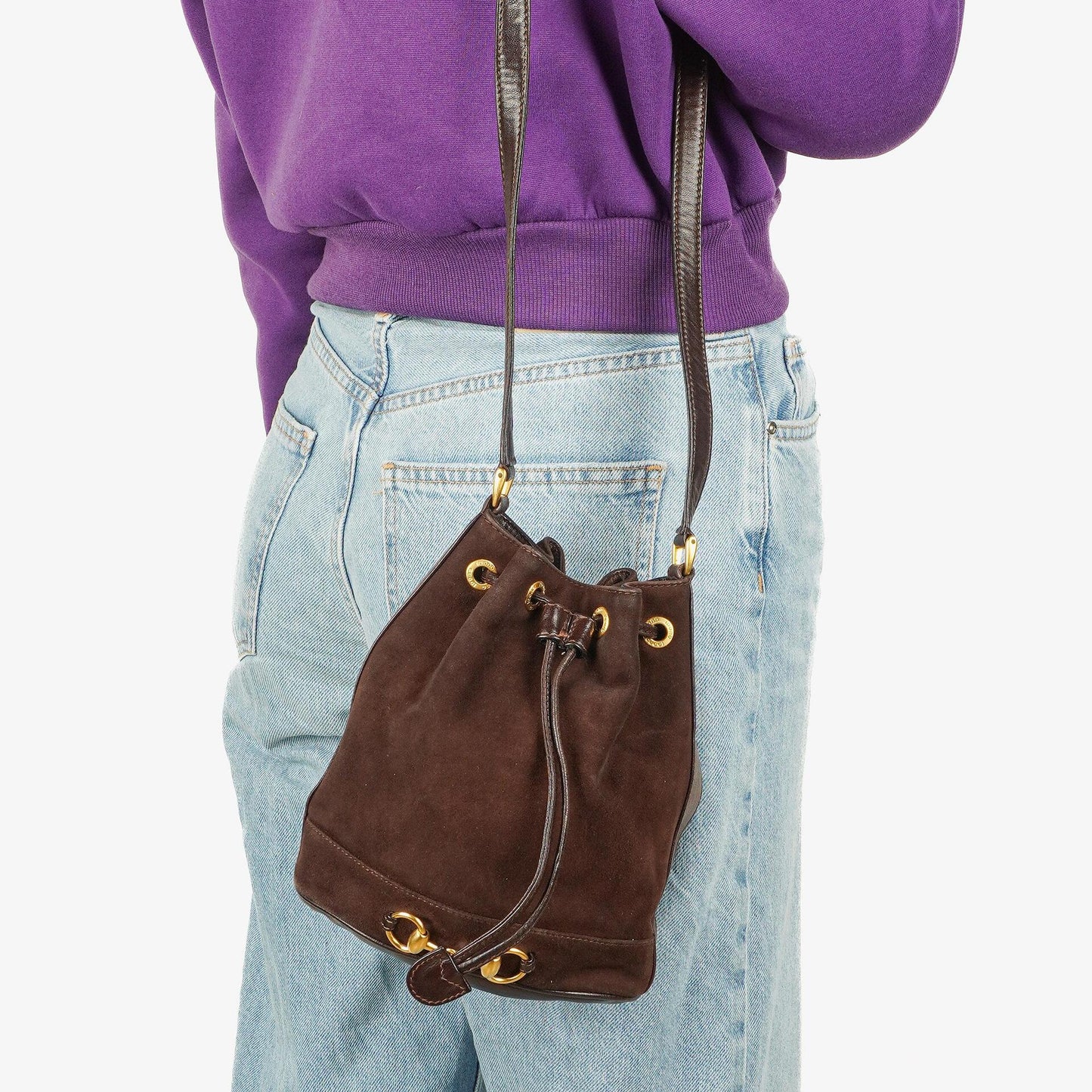 Gucci Brown Leather And Suede Horsebit Chain Drawstring Bucket Bag