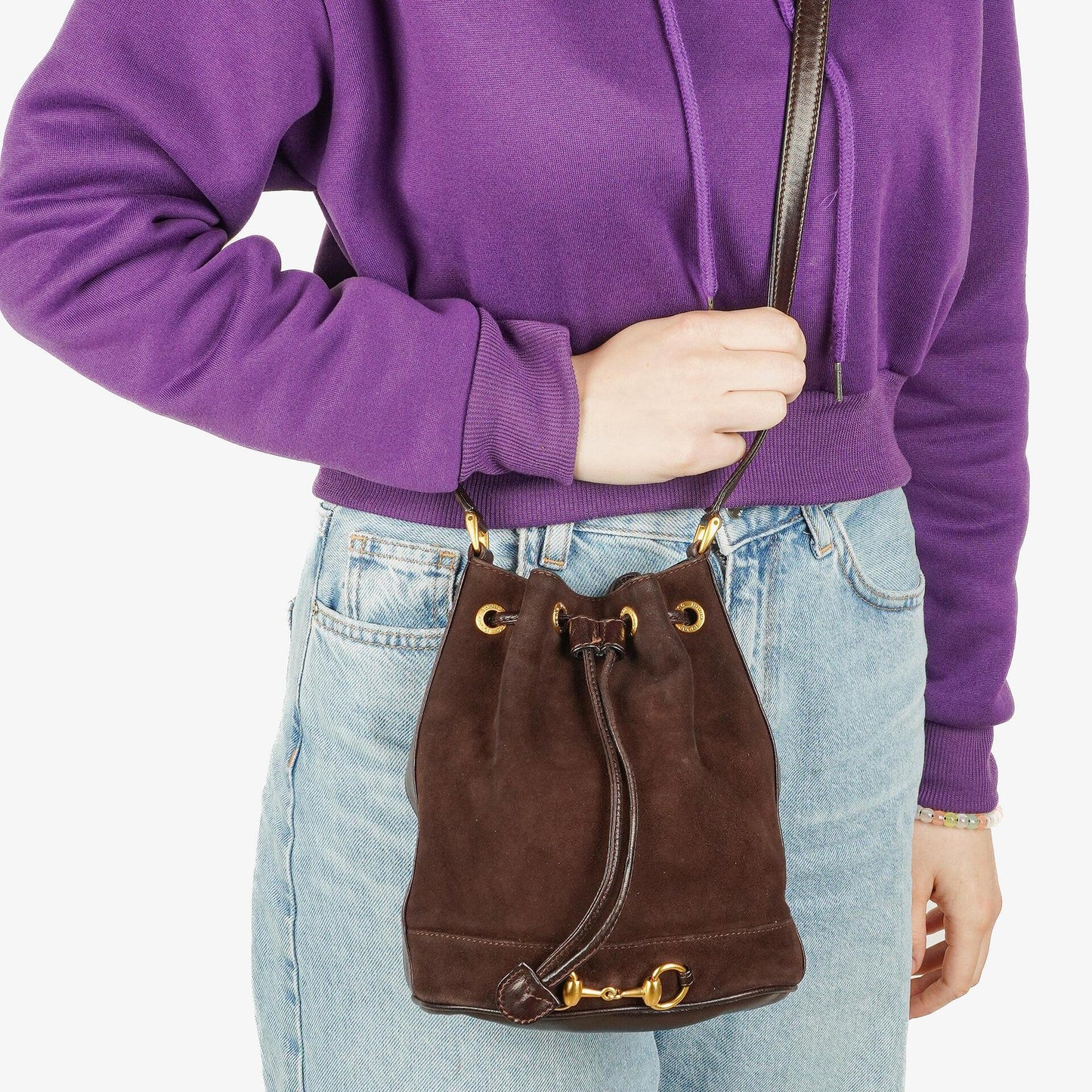 Gucci Brown Leather And Suede Horsebit Chain Drawstring Bucket Bag