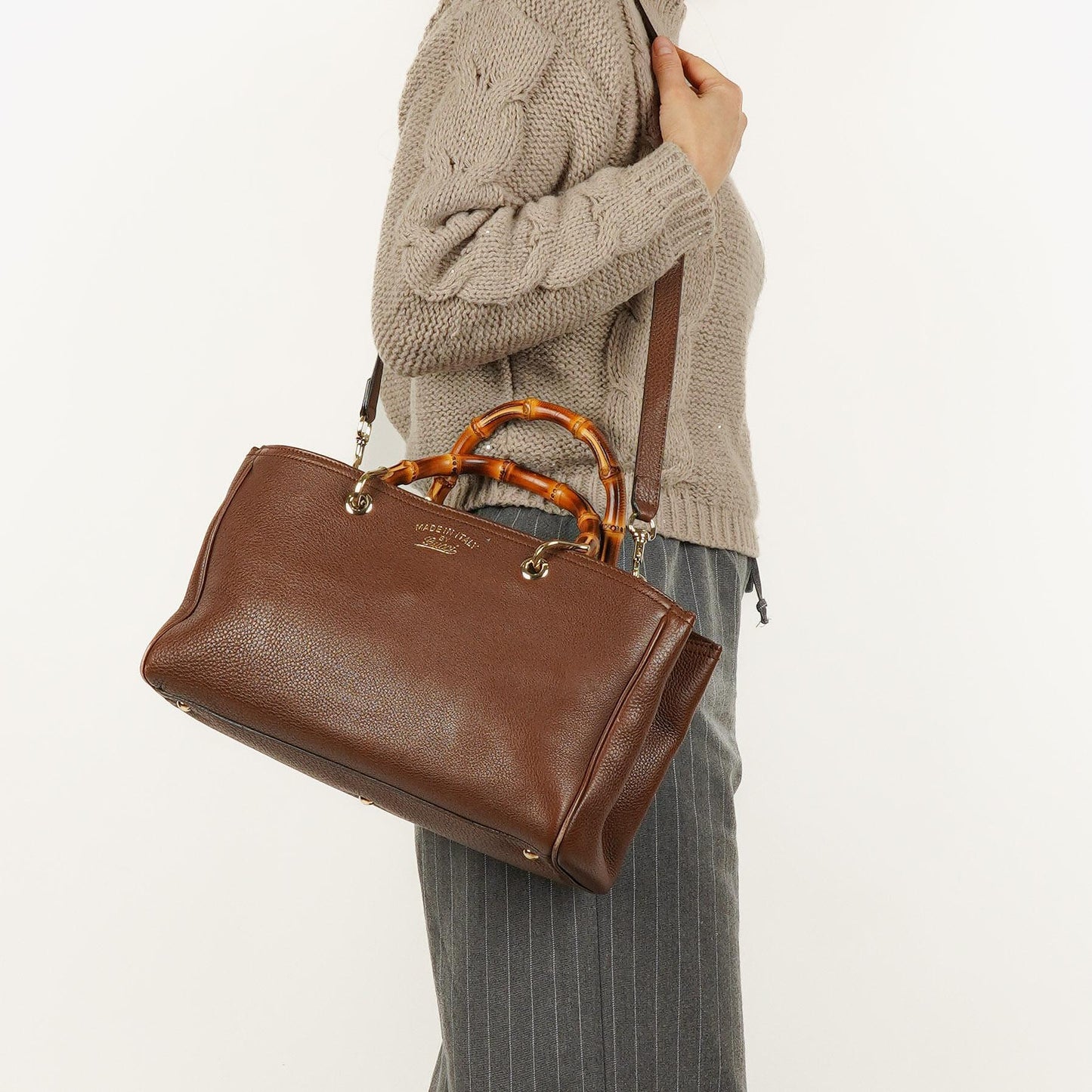 Gucci Brown Pebbled Calfskin Medium Bamboo Shopper Tote Bag