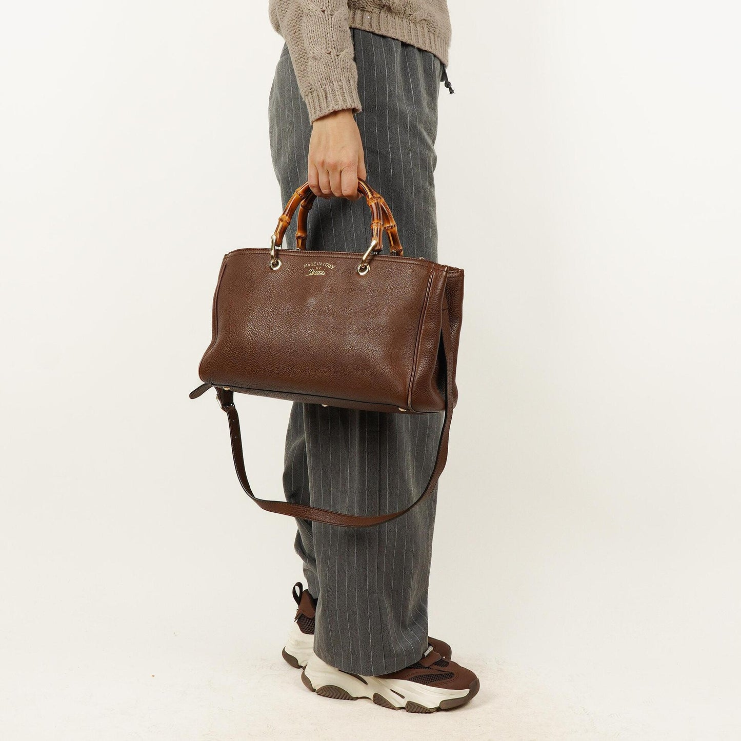 Gucci Brown Pebbled Calfskin Medium Bamboo Shopper Tote Bag