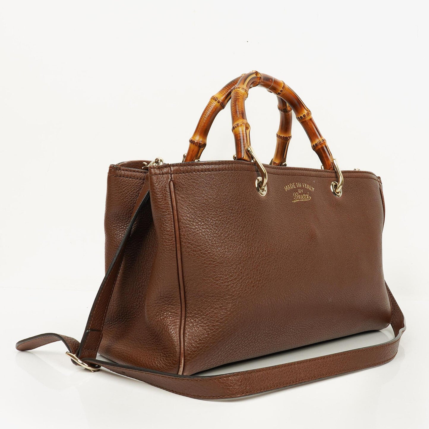 Gucci Brown Pebbled Calfskin Medium Bamboo Shopper Tote Bag