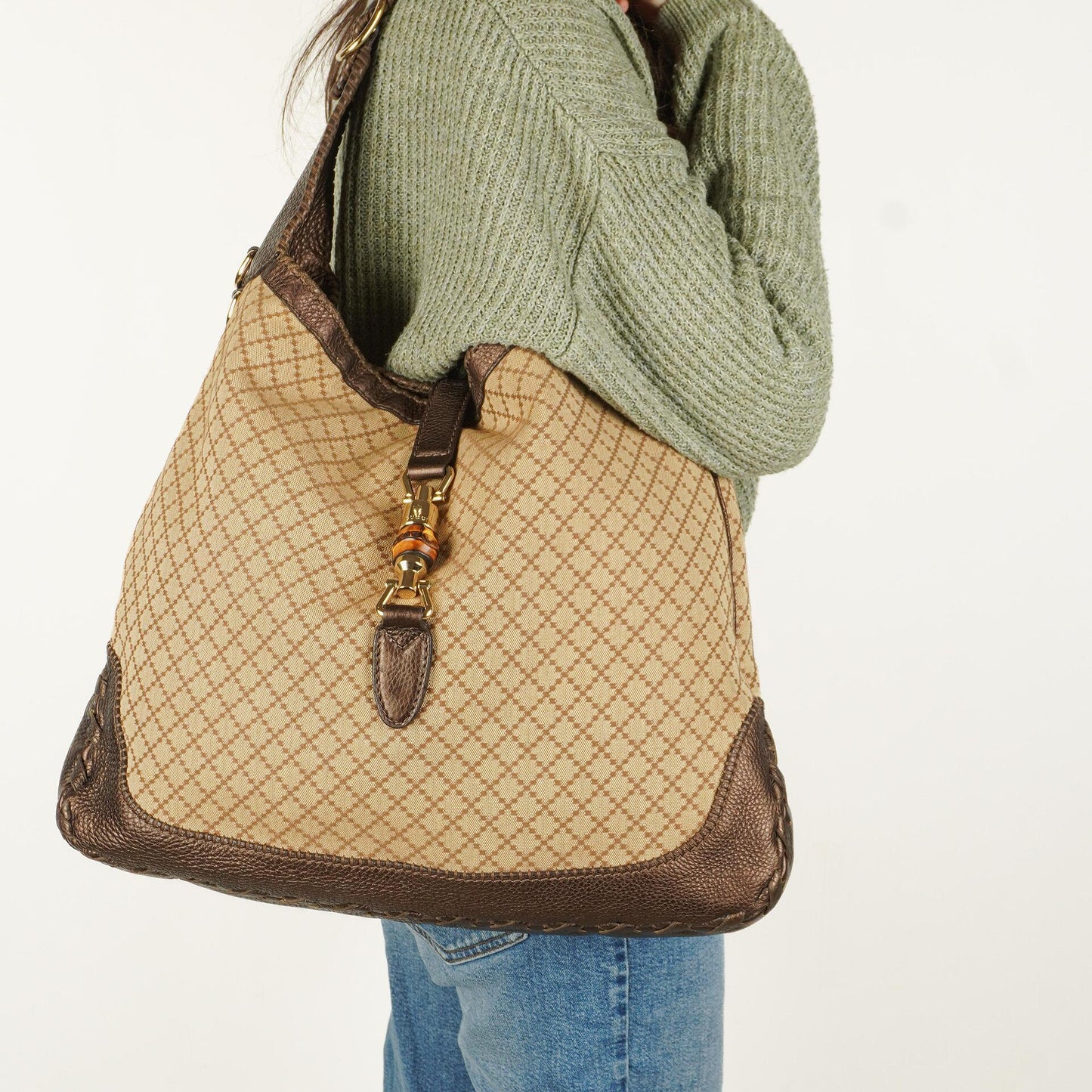 Gucci Brown/Light Beige Diamante Large New Jackie Hobo Bag