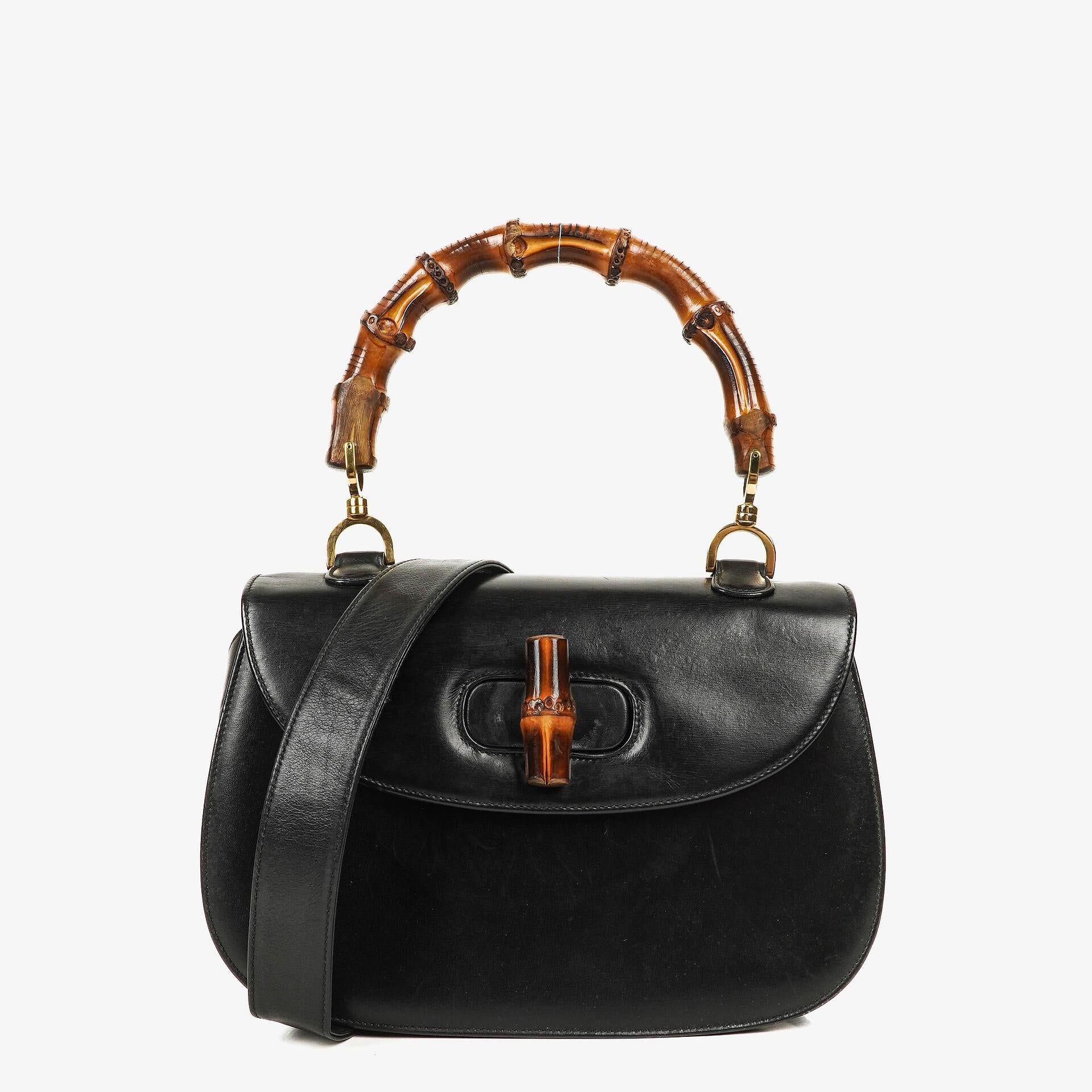Gucci Convertible Bamboo Top Handle Black Leather Bag