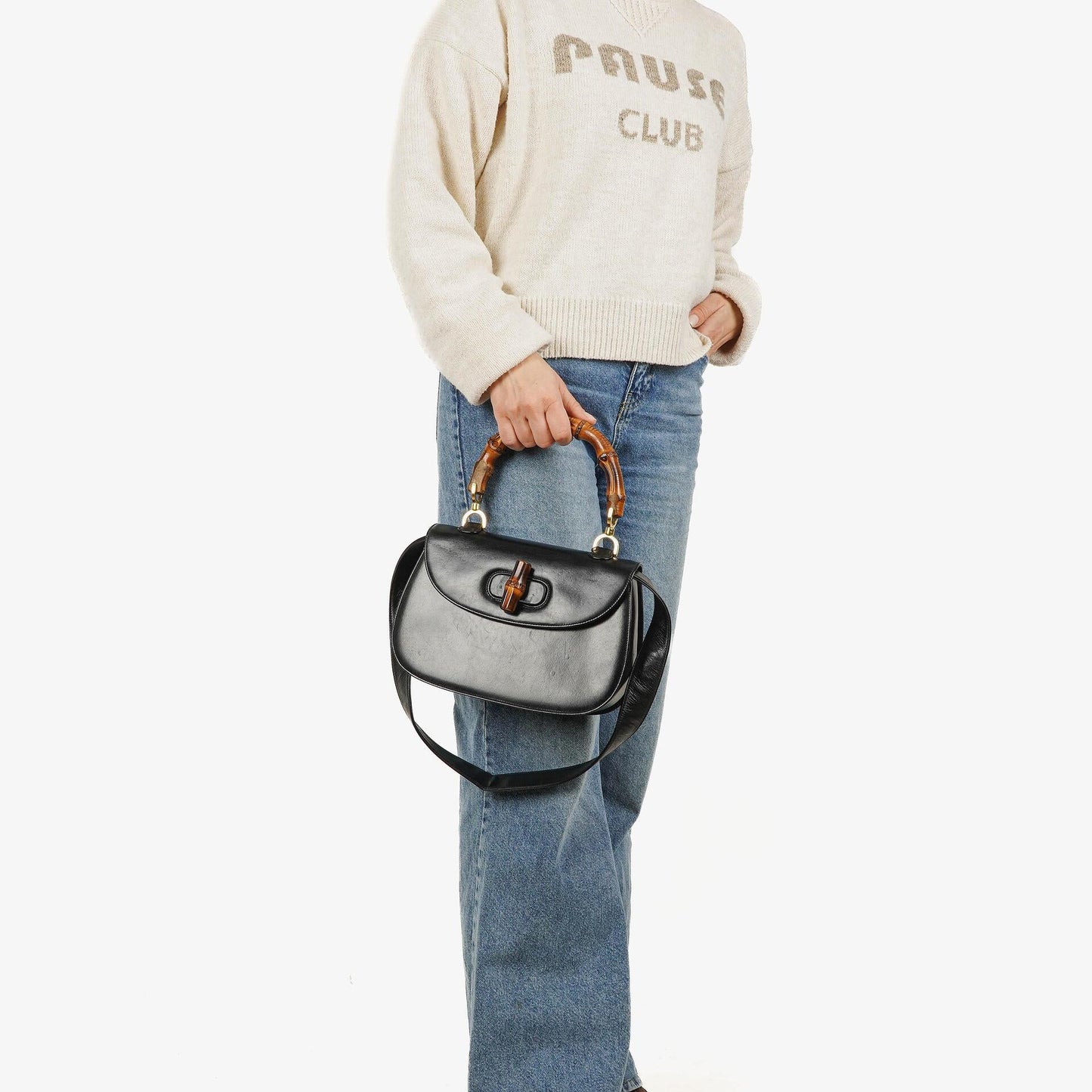 Gucci Convertible Bamboo Top Handle Black Leather Bag