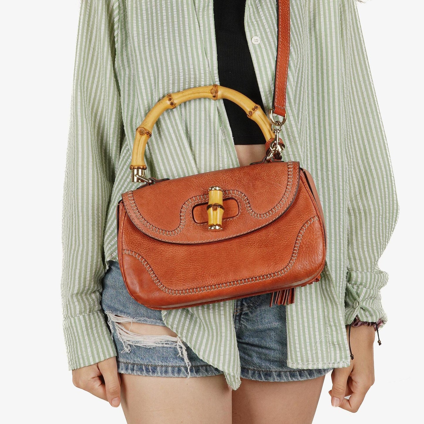 Gucci Coral Pebbled Calfskin Medium New Convertible Bamboo Top Handle Bag