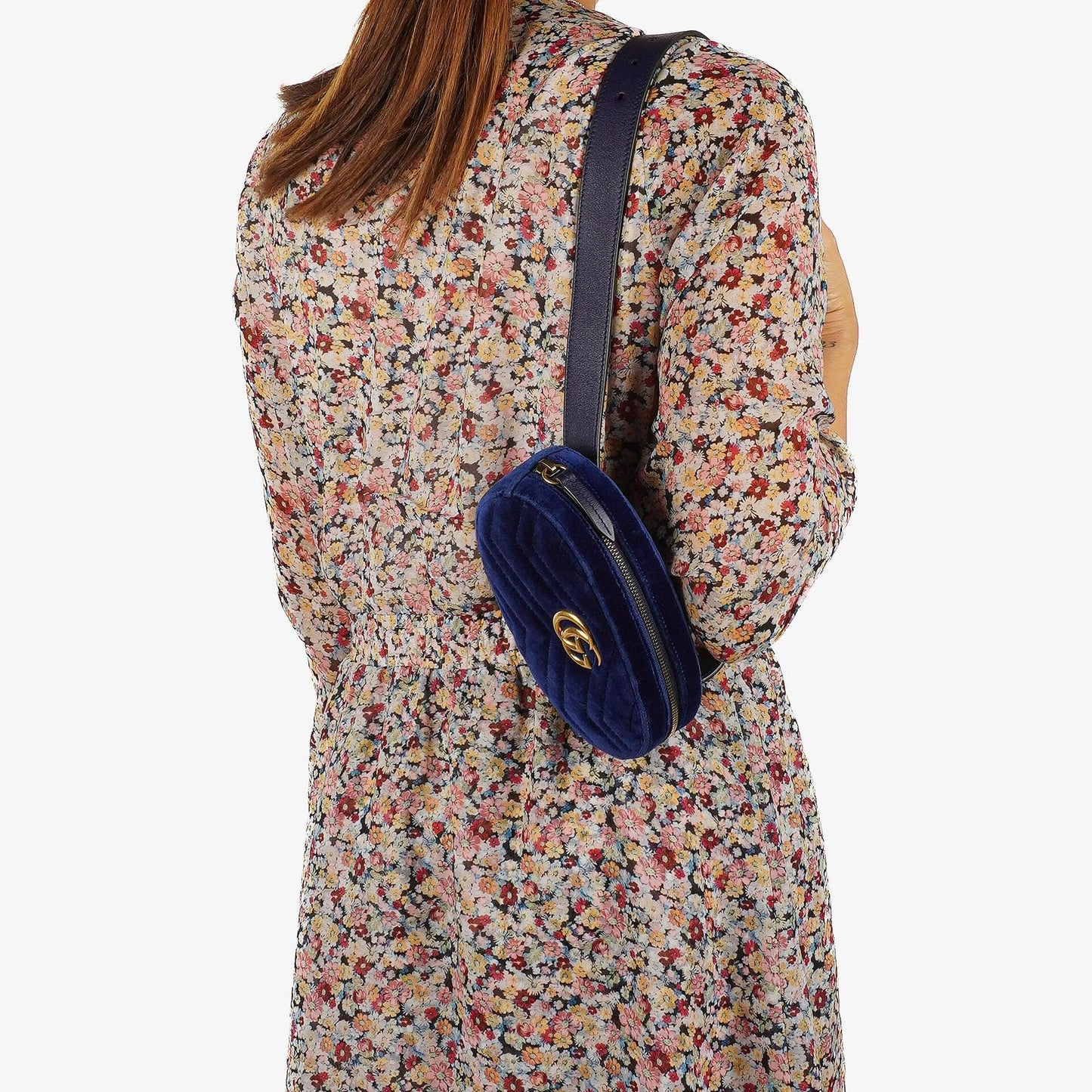 Gucci GG Marmont Matelasse Cobalt Blue Velvet Belt Bag 85 34
