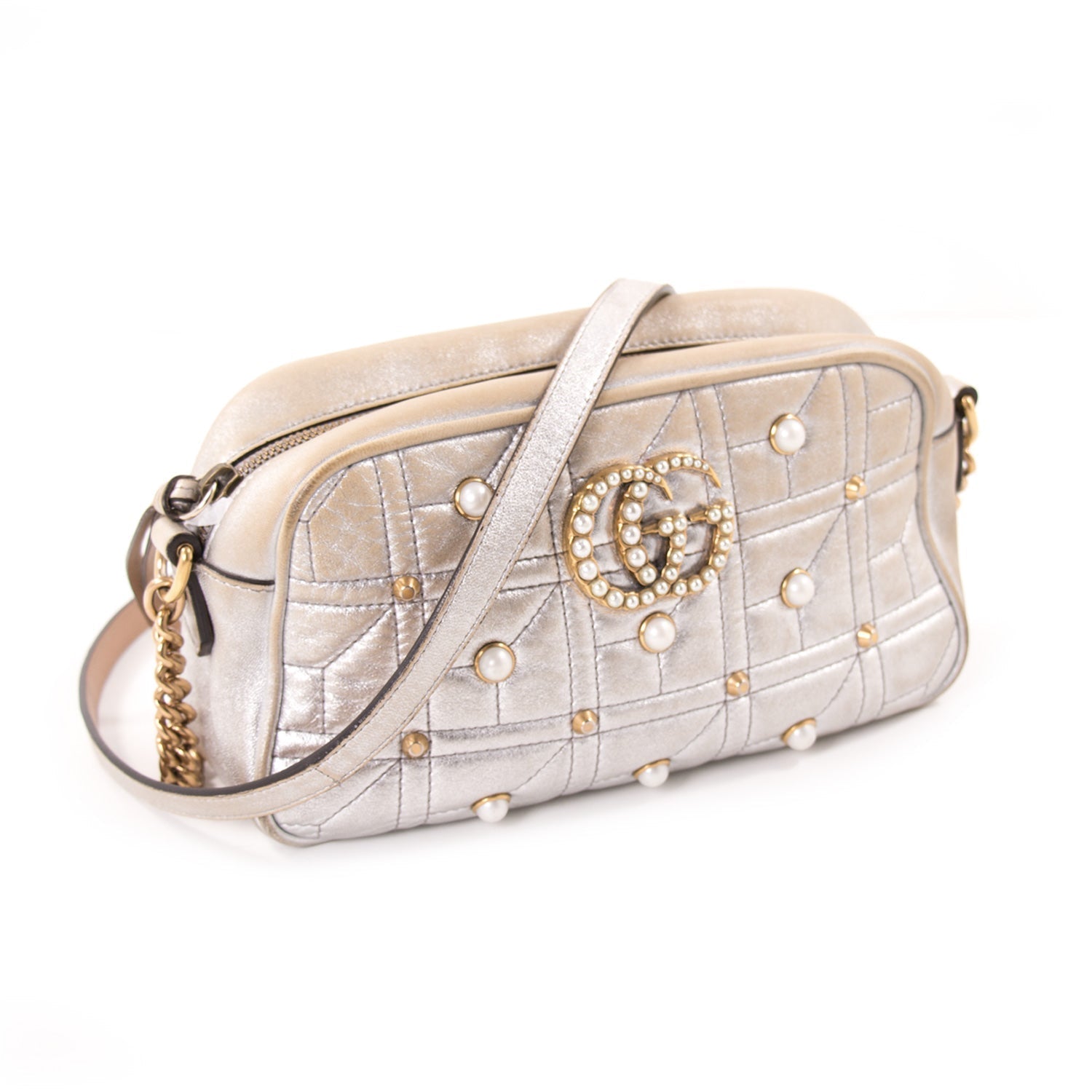 Gucci GG Marmont Silver Leather Metallic Shoulder Bag