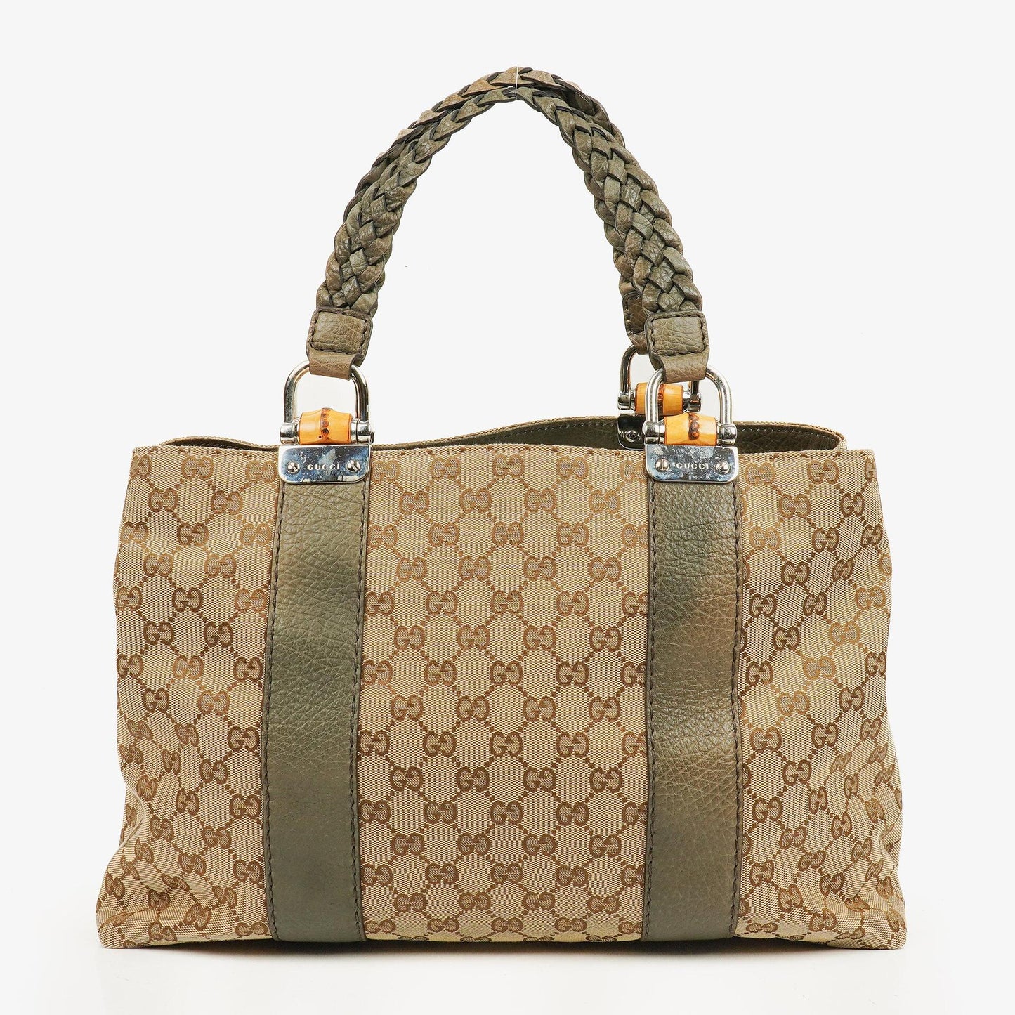 Gucci GG Monogram Canvas Beige Bamboo Top Handle Bag