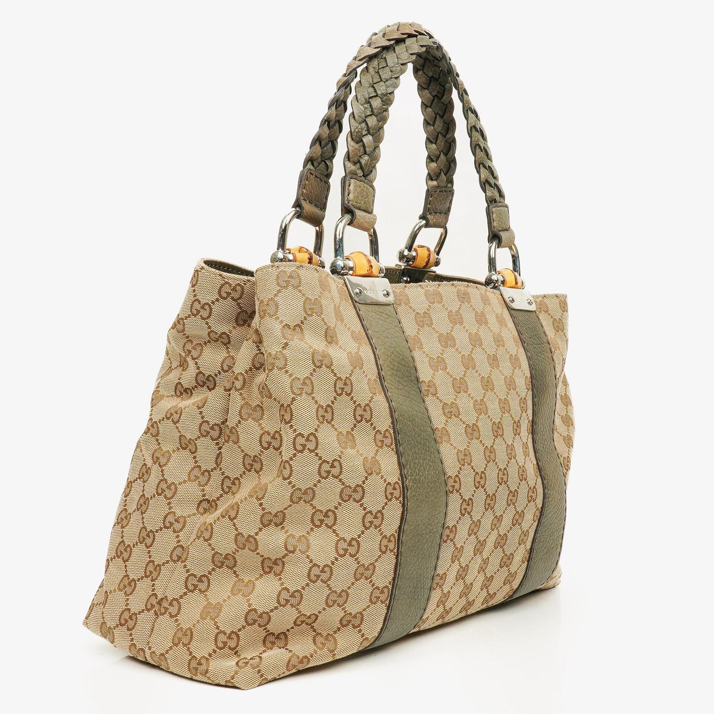 Gucci GG Monogram Canvas Beige Bamboo Top Handle Bag