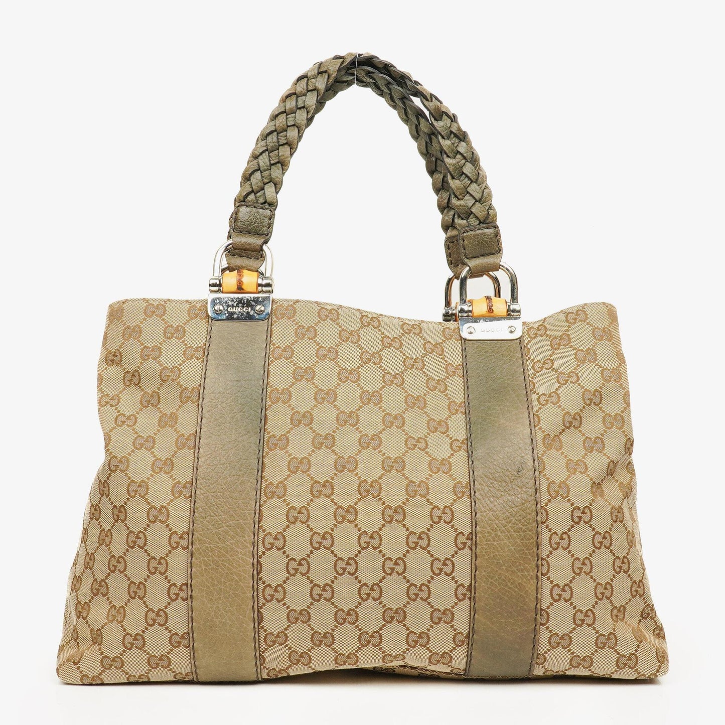 Gucci GG Monogram Canvas Beige Bamboo Top Handle Bag