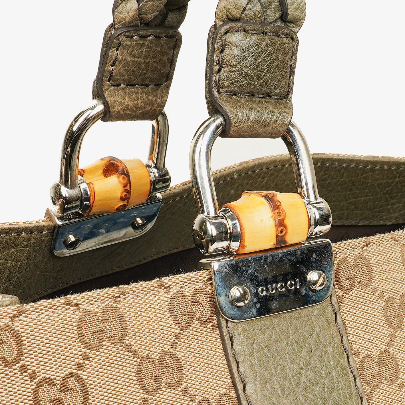 Gucci GG Monogram Canvas Beige Bamboo Top Handle Bag