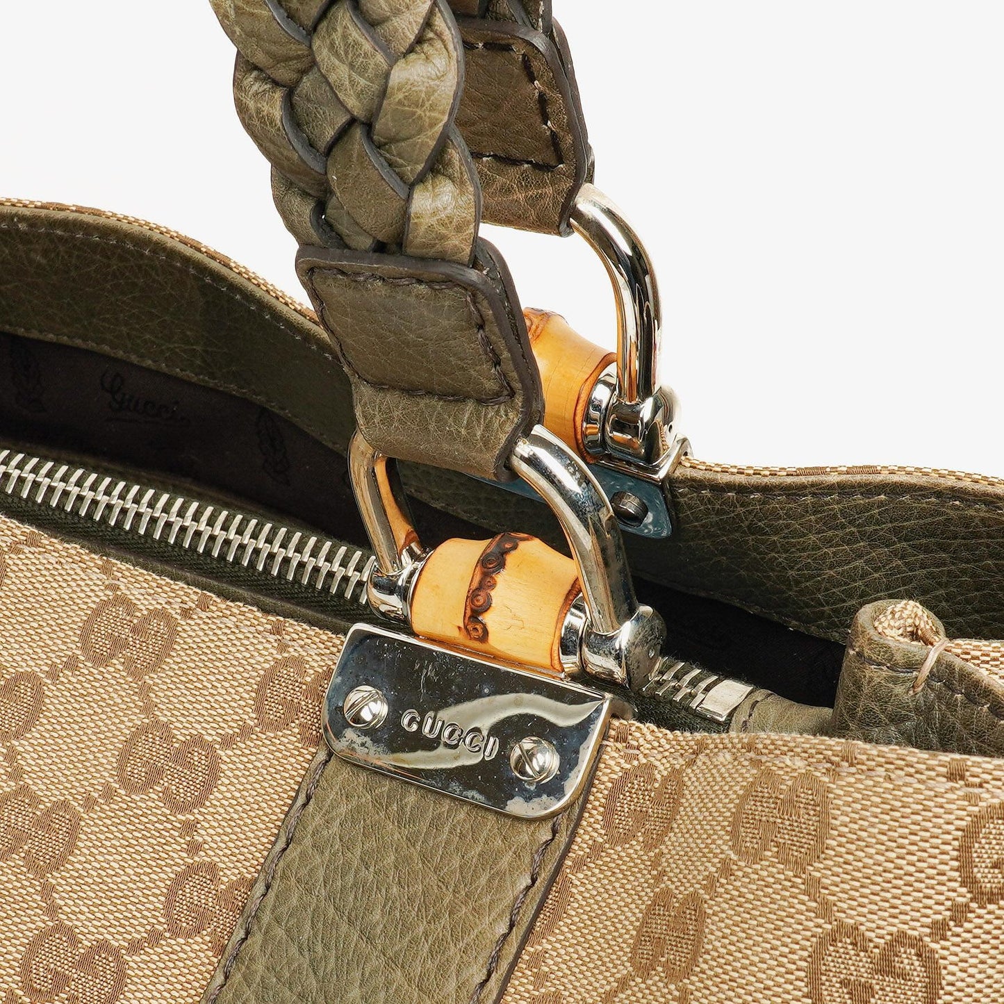 Gucci GG Monogram Canvas Beige Bamboo Top Handle Bag