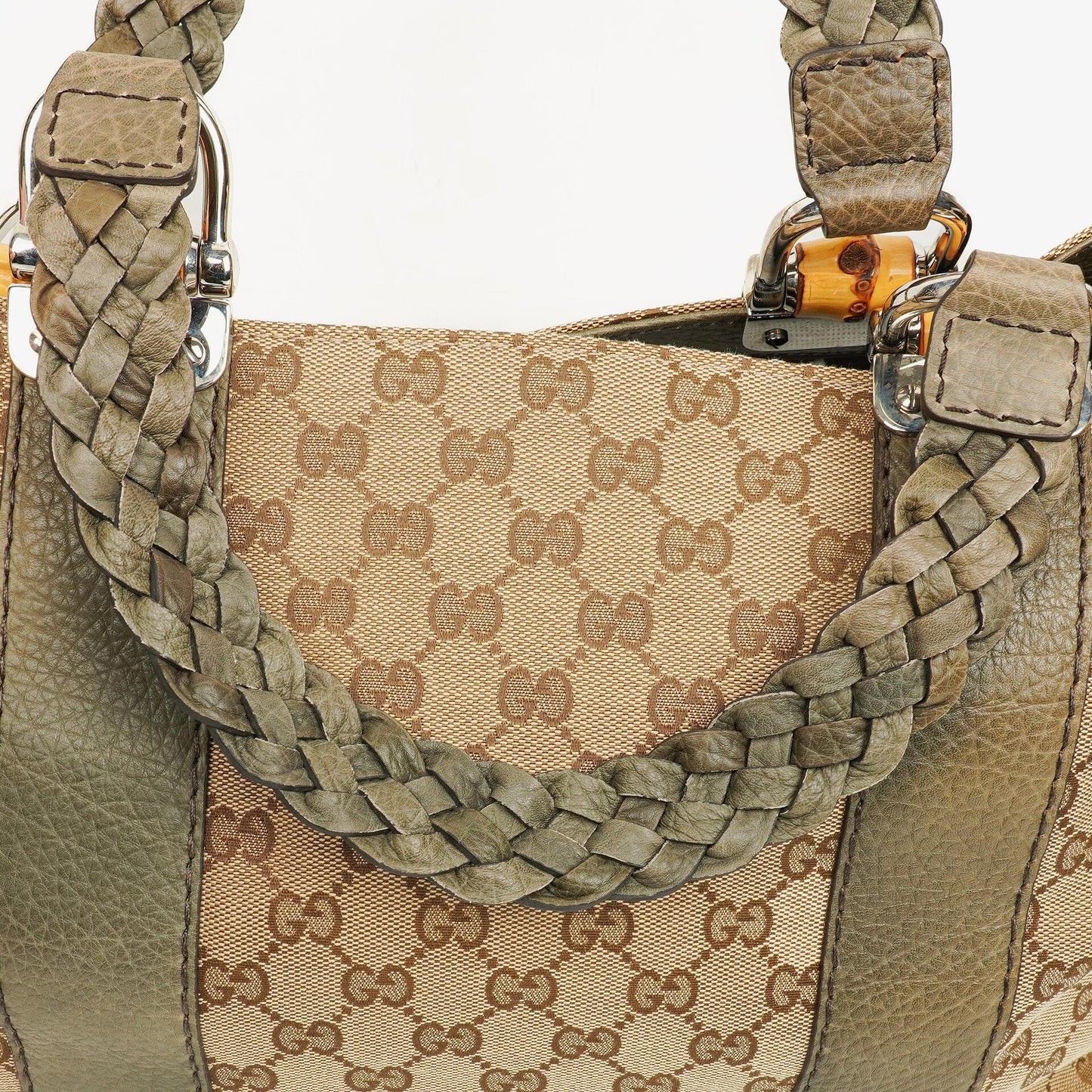 Gucci GG Monogram Canvas Beige Bamboo Top Handle Bag