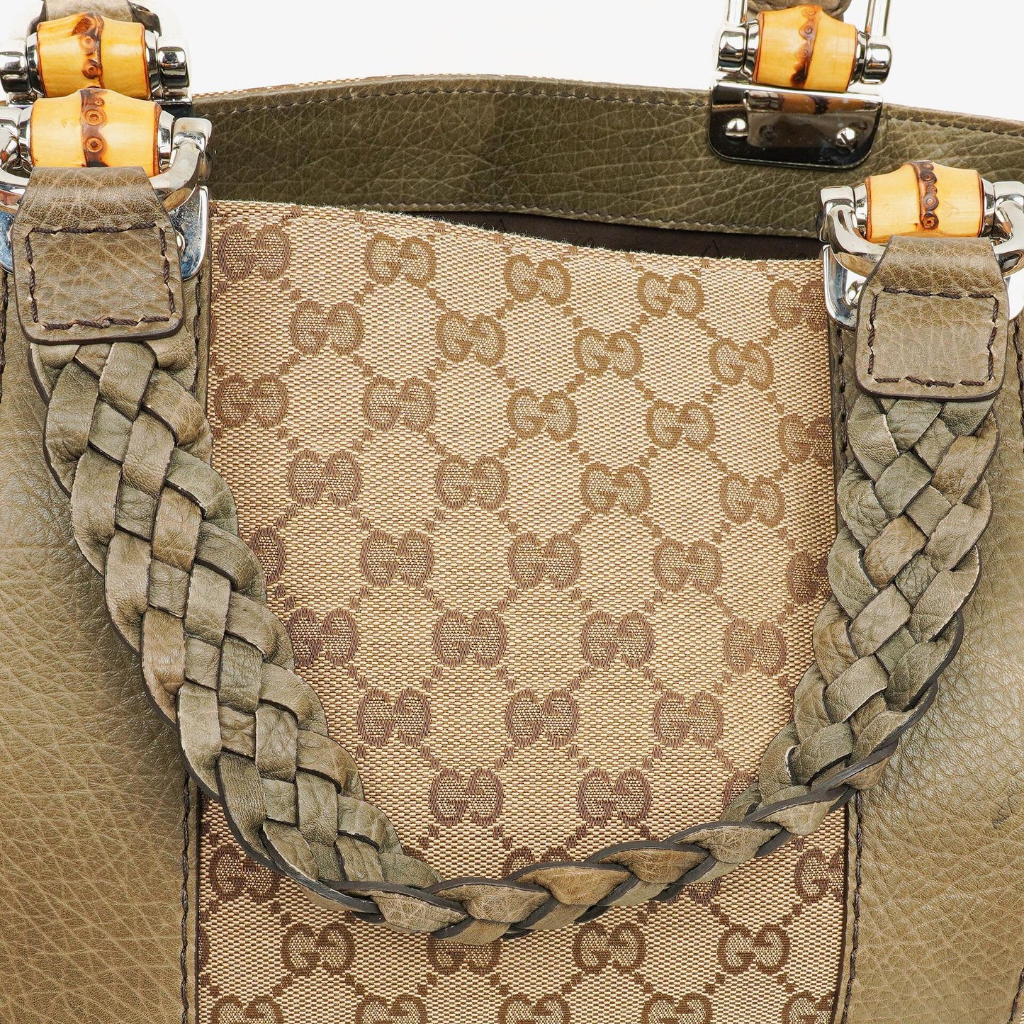 Gucci GG Monogram Canvas Beige Bamboo Top Handle Bag