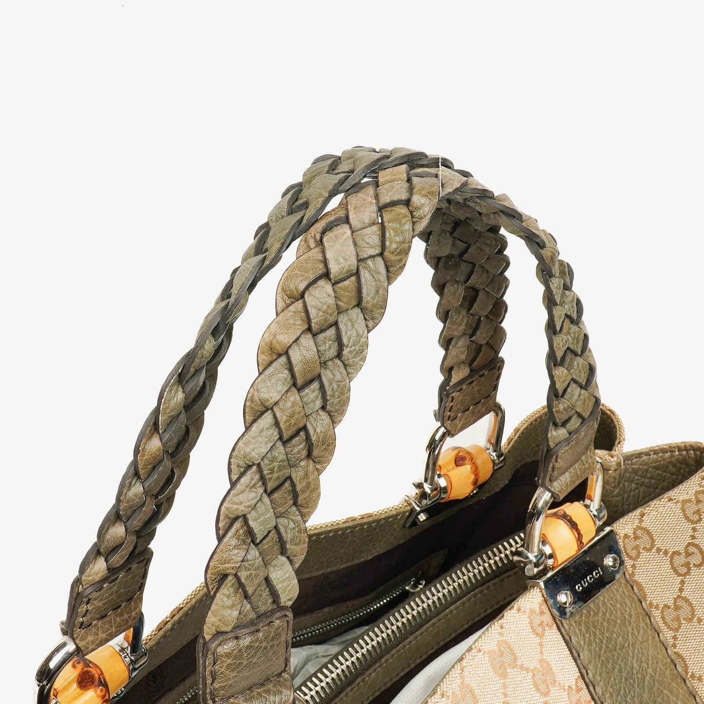 Gucci GG Monogram Canvas Beige Bamboo Top Handle Bag