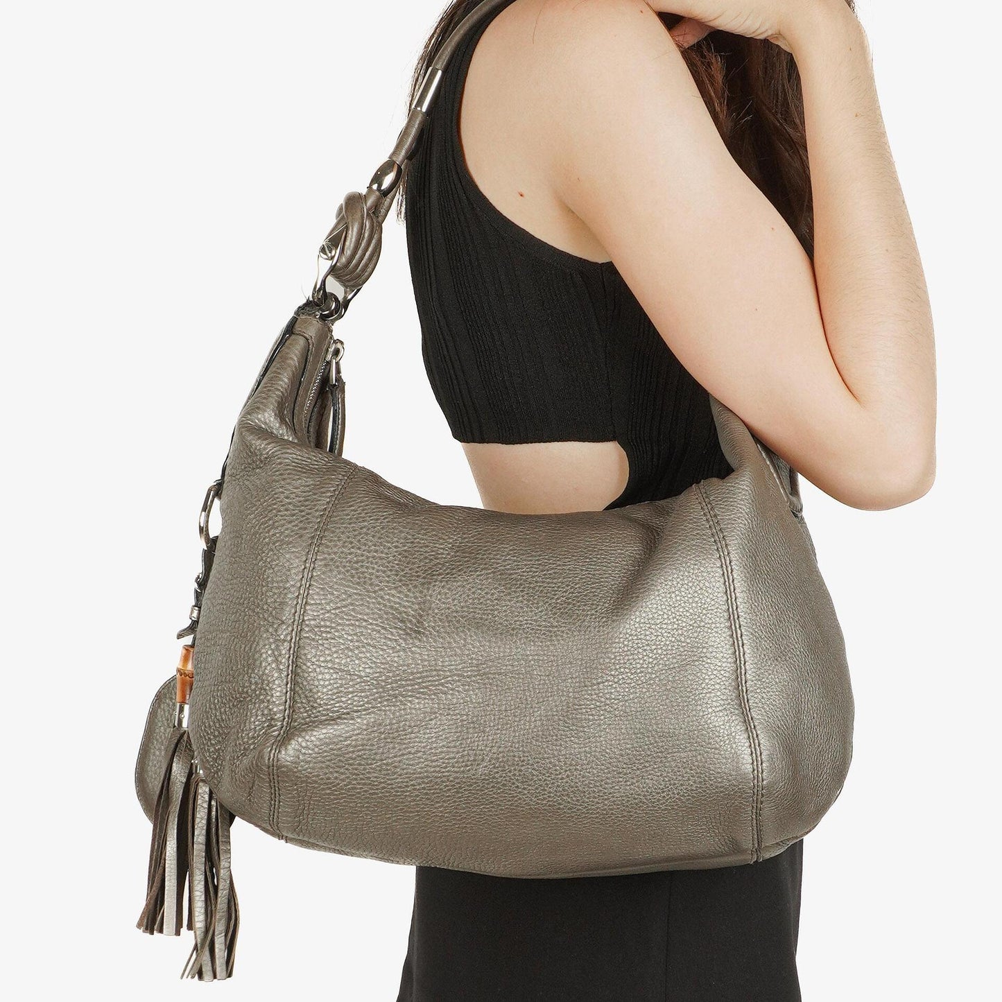 Gucci Grey Pebbled Calfskin Horsebit Hobo