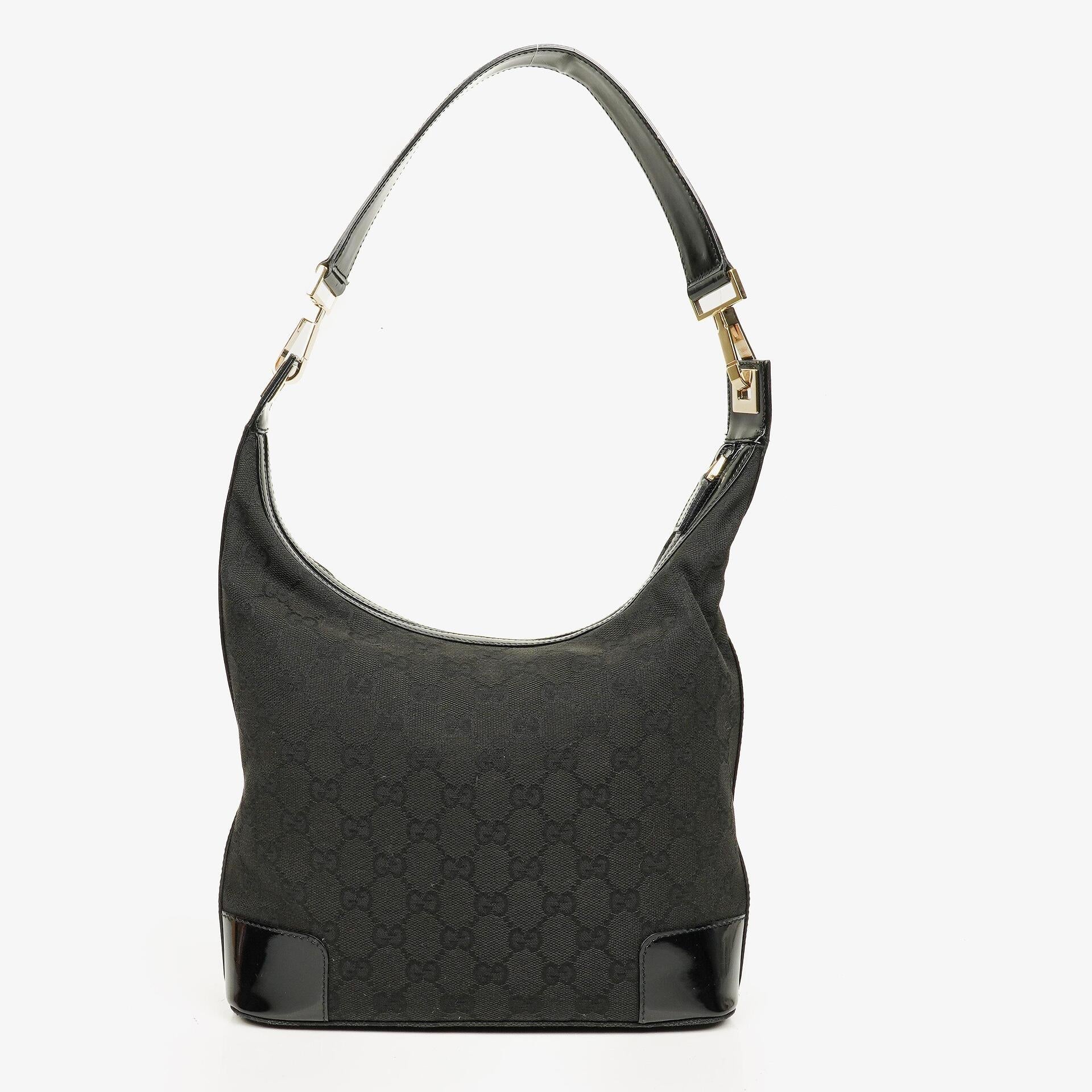 Gucci Hobo Shoulder Bag in GG Canvas and Patent Leather Black
