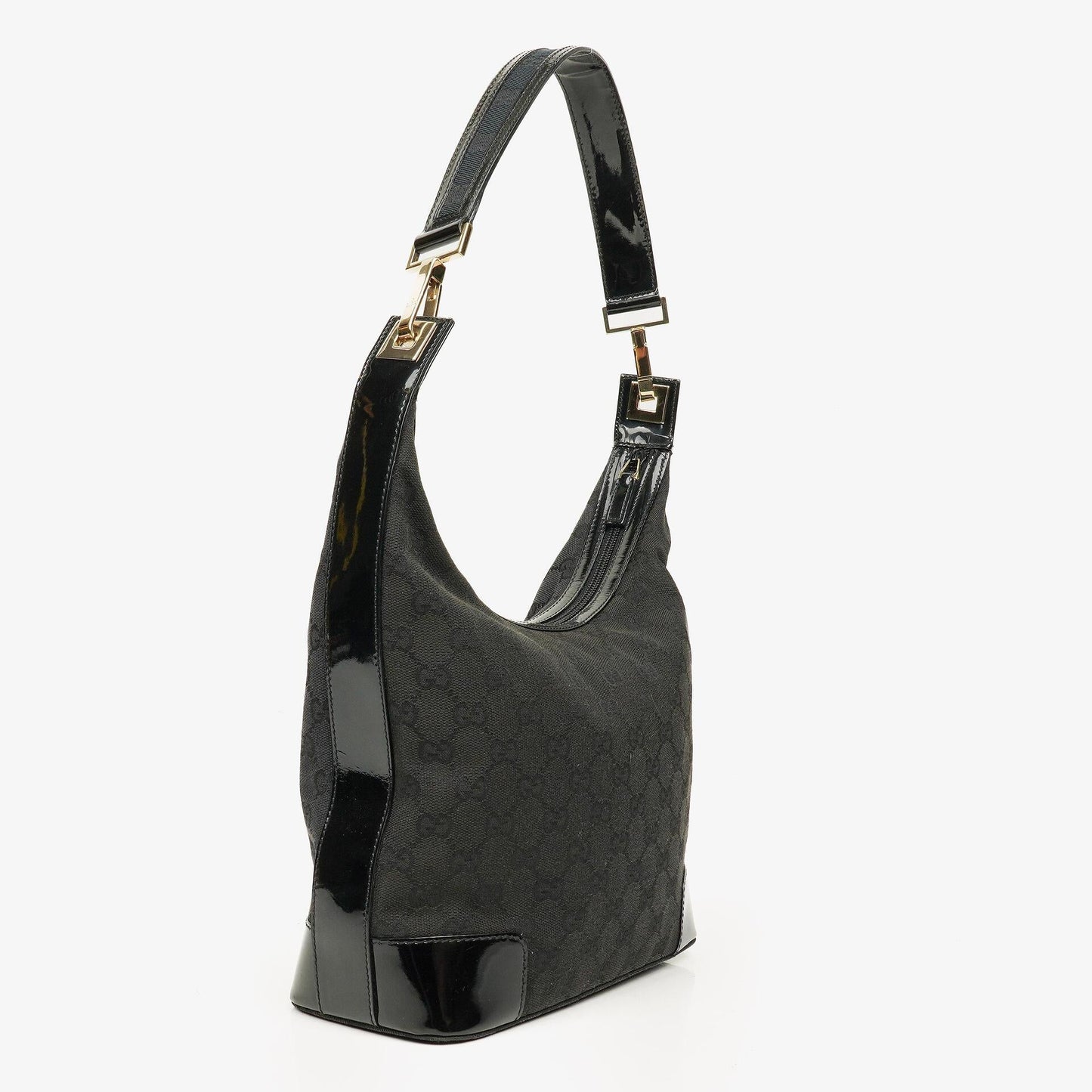 Gucci Hobo Shoulder Bag in GG Canvas and Patent Leather Black