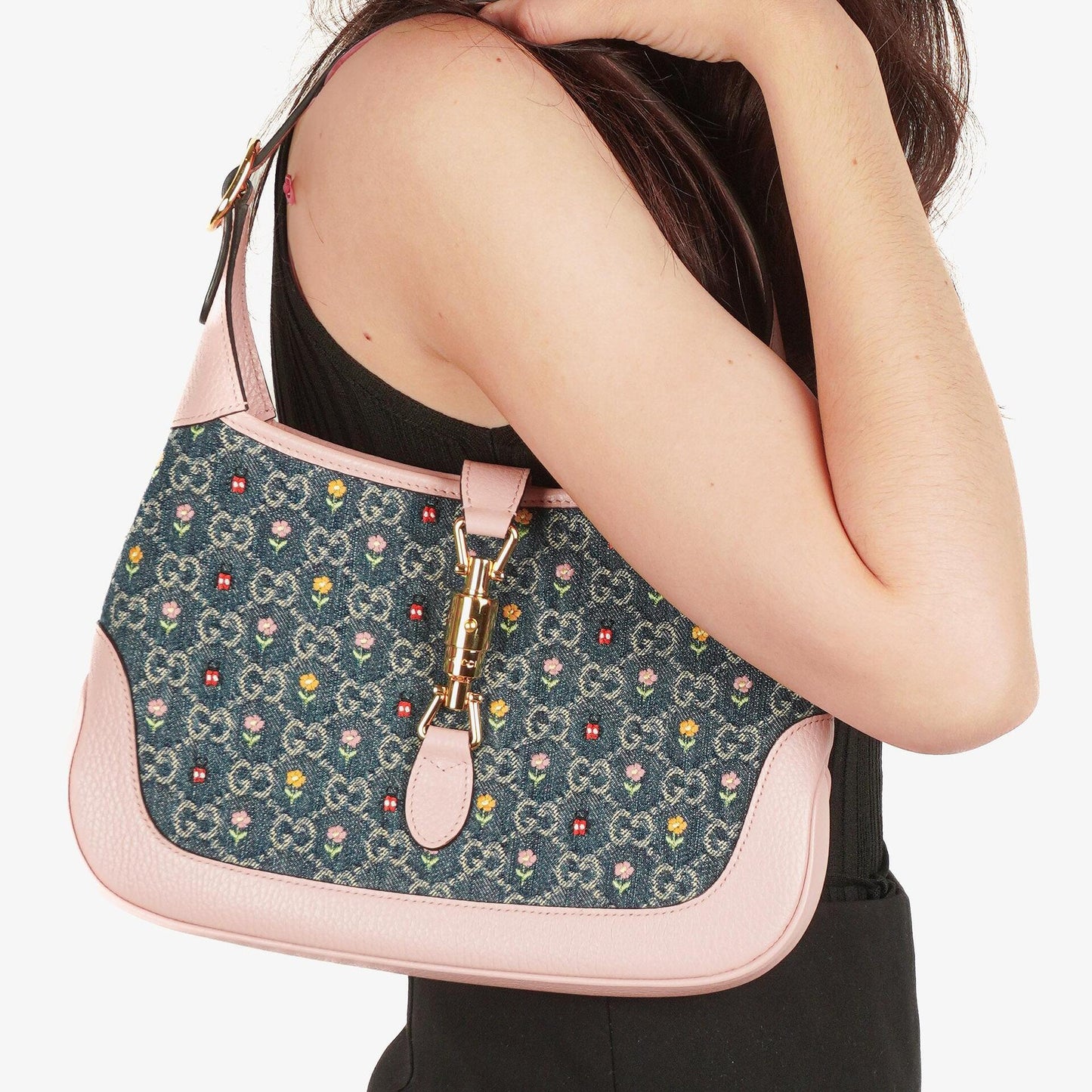 Gucci Jackie 1961 Limited Edition Pink/Blue Leather/Denim GG Floral Small Shoulder Bag