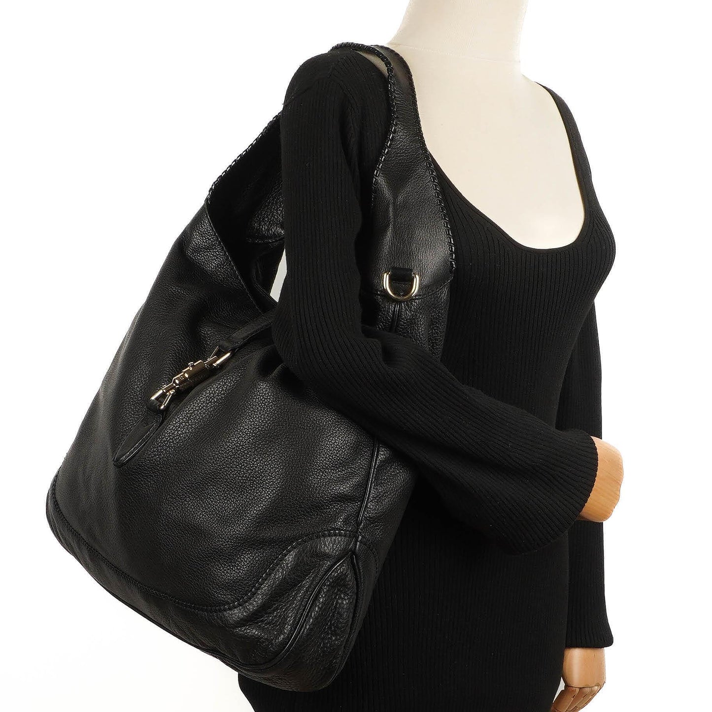 Gucci Jackie Black Leather Bamboo Tassel Large Hobo Bag