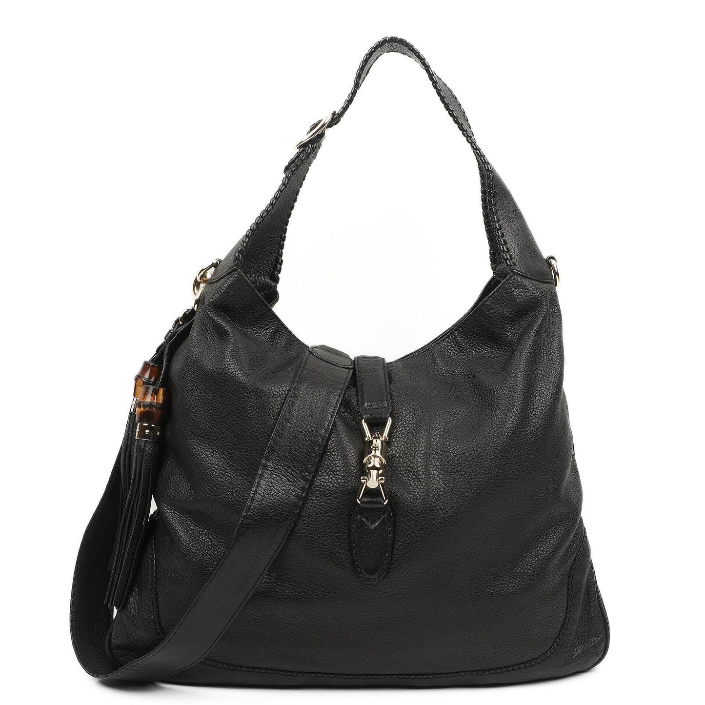 Gucci Jackie Black Leather Bamboo Tassel Large Hobo Bag